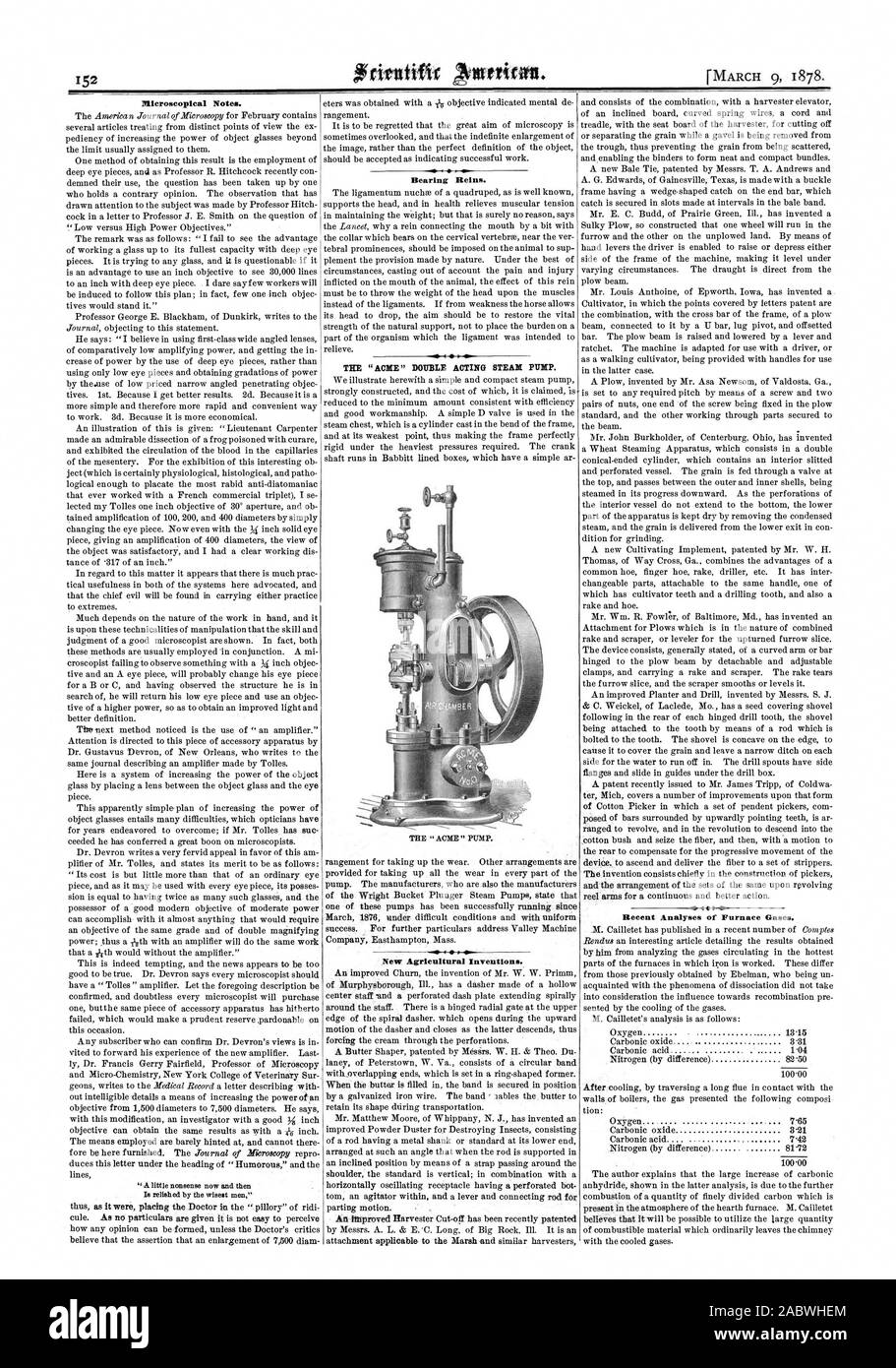 Frintifir 446 Notes de l'échelle microscopique. Rênes de roulement. L 'ACNÉ' STEAK DOUBLE EFFET POMPE. De nouvelles inventions agricoles., Scientific American, 1878-03-09 Banque D'Images