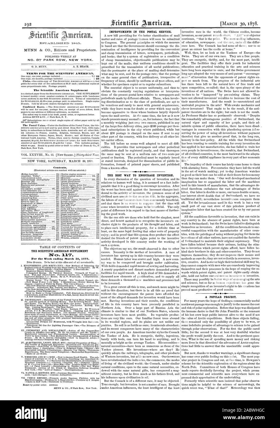 N° 37 PARK ROW NEW YORK. Une copie six mois port compris 160 gratis pour chaque club de cinq abonnés à 3,20 $ chacun ; des copies supplémentaires au même taux proportionnel. Port payé. Est publié chaque semaine : Chaque numéro contient 16 pages octavo avec de beaux 10 cents. Vendu par tous les marchands de journaux dans tout le pays. des documents à une adresse ou des adresses différentes au choix. Répondre MUNN & CO. 37 Park Row N. Y. Abonnements egr et reçu des copies uniques de papier soit vendu par toutes les news les agents. nal aux abonnés en Grande-Bretagne Inde Australie et tous les autres colonies Brit ish  ; pour Banque D'Images
