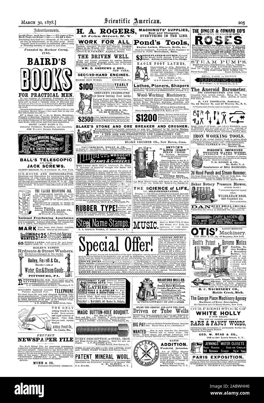 Ritutific Anterican. Les meilleurs et les moins chers 30 mars 18781 BAIRD'S POUR HOMMES PRATIQUES. Bailey Farrell & Co. PITTSBURG PA. Le TRAVAIL POUR TOUS LE BIEN. WM. D. Andrews et FR. La ENCINES. La LAINE MINÉRALE DES BREVETS. Étang des outils des raboteuses Shapers SNYDER'S Tours 'Little Giant' LA SCIENCE DE LA VIE conduit ou puits du tube NTED PLUS. Le 86 DINGEE CONARD CO'S Le baromètre anéroïde. Outils de travail du fer. Poinçon manuel 2d et de la vapeur d'un marteau. Soufflante rotative Baker. B. C. CO. HOLLY BLANC &RARES PLAQUÉS BOIS PRÉSIDENT-DIRECTEUR GÉNÉRAL. W. READ & CO.'S BALL VIS télescopique. MAGIC-bouquet. 200 BLAKE Banque D'Images
