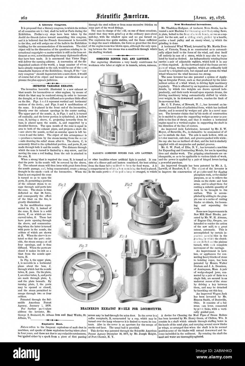 Un congrès littéraire. Poussières explosives. De nouvelles inventions mécaniques. Tuyère D'ÉCHAPPEMENT DU INERD POUR LES LOCOMOTIVES. BRA, Scientific American, 1878-04-27 Banque D'Images