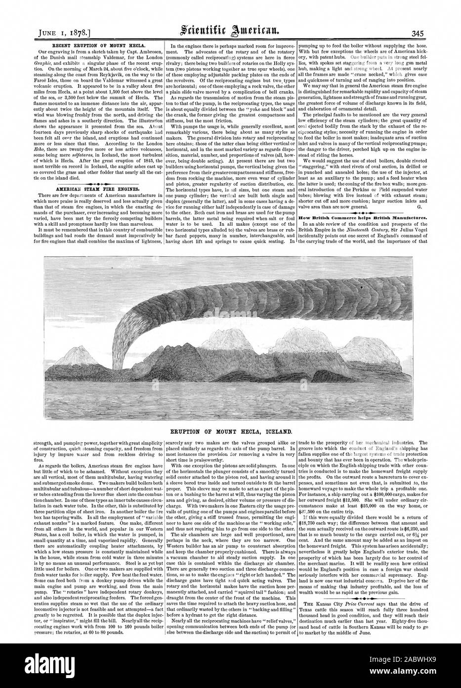 Récente éruption du mont HECLA. Les véhicules de pompiers à vapeur américain. .10-4 I Mow British Commerce contribue à la fabrique. Éruption du mont KULA ISLANDE. 10, Scientific American, 1878-06-01 Banque D'Images
