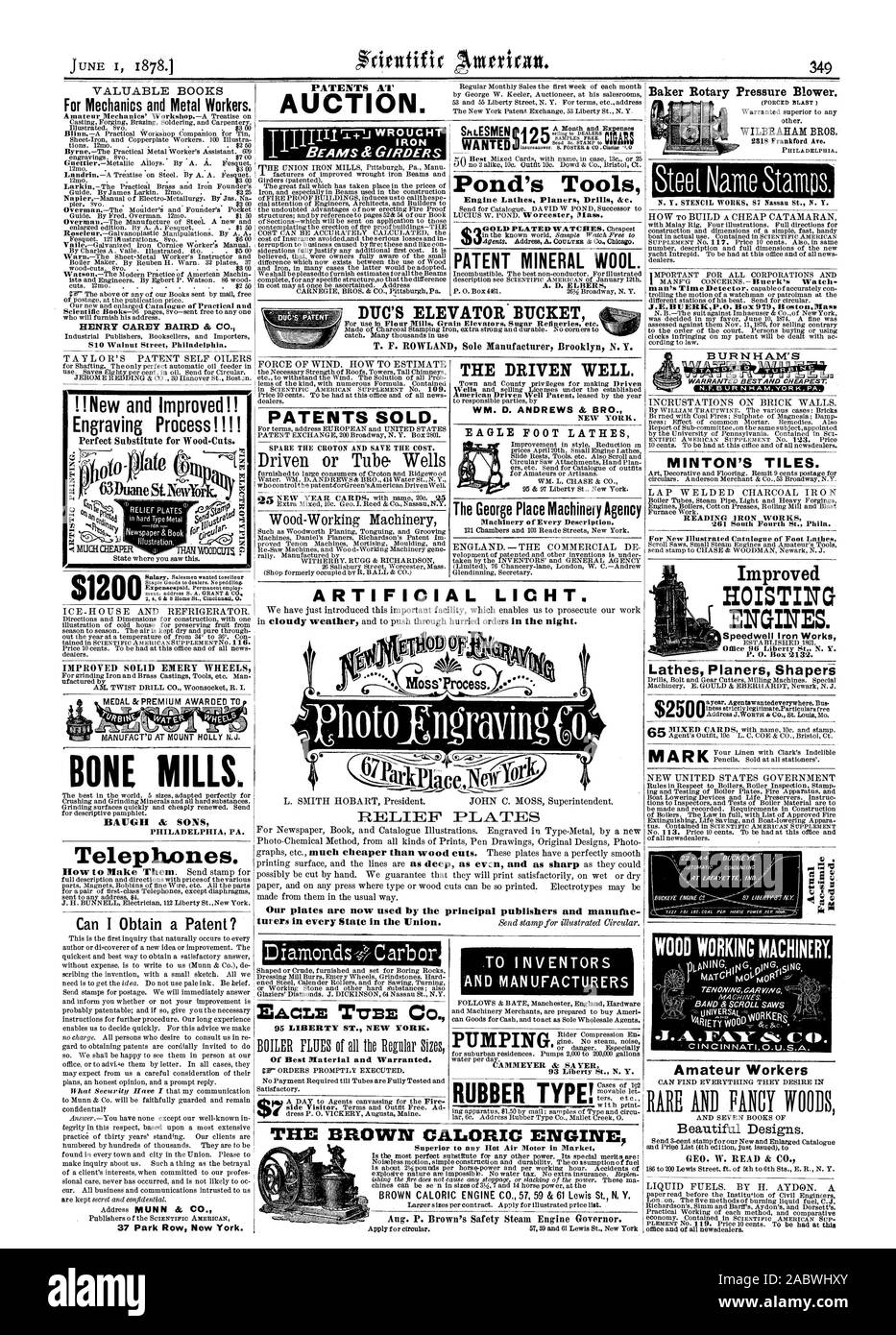 La pression rotative soufflante. Vente aux enchères de brevets". WILBRAHAM BROS. Les Moulins de l'OS. BAUGH & Sons de Philadelphie, en Pennsylvanie. D'un téléphone. 37 Park Row New York. Plaques de secours BREVETS A. Le bien. WM. D. Andrews et FR. New York. Les TOURS À PIED AIGLE George Place Machinery Agency conduit ou tube. Wood-Working puits artificiels Machines LICHT. Pour LES INVENTEURS ET LES FABRICANTS EACLE TZTEE 95 LIBERTY ST. New York. 93 Liberty St. N. Y. LE MOTEUR THERMIQUE MARRON livres précieux pour la mécanique et de la métallurgie. HENRY CAREY BAIRD & CO. ! !nouveau et amélioré ! ! Processus de gravure ! ! ! ! 1 200 $ 9 tours moteur Perceuses fraiseuses ace Banque D'Images