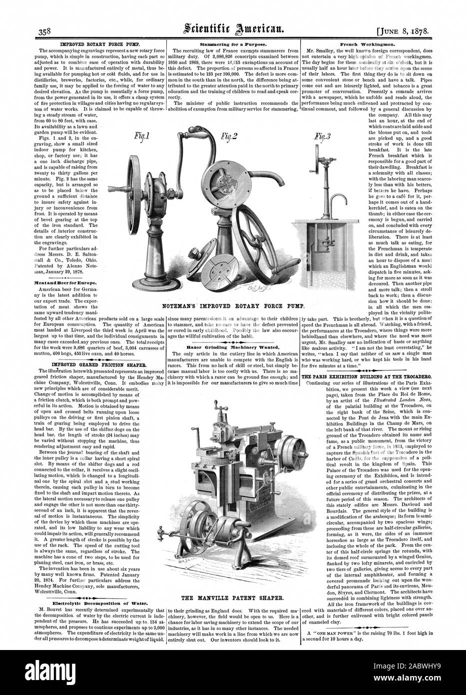 L'AMÉLIORATION DE LA FORCE DE ROTATION DE LA POMPE. La viande et bière pour l'Europe. L'AMÉLIORATION DE FRICTION ORIENTÉE SHAPER. .1 . La décomposition électrolytique de l'eau. Stanzmering pour un but. Machines de meulage de rasoir voulait. Les travailleurs français. Le bâtiment d'EXPOSITION DE PARIS AU TROCADÉRO. L'AMÉLIORATION DE LA FORCE ROTATIVE NOTEMAN PUN P. LE BREVET MANVILLE SHAPER., Scientific American, 1878-06-08 Banque D'Images
