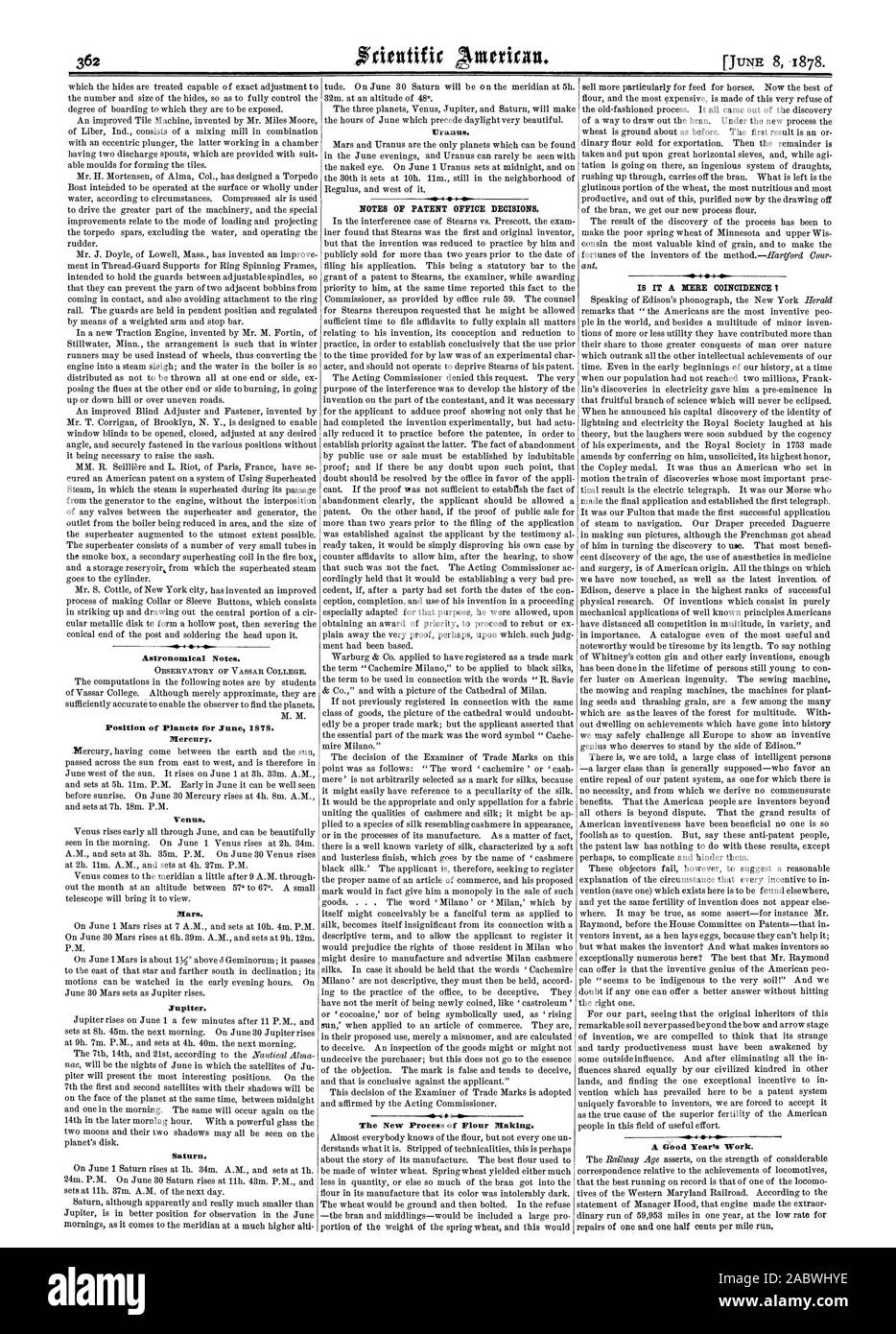 Notes astronomiques. Observatoire de Vassar College. Position des planètes pour juin 1878. Le mercure. Vénus. Mars. Jupiter. Saturne. Uranus. Note DES DÉCISIONS DU BUREAU DES BREVETS. Le nouveau processus de fabrication de la farine. -01 4 Est-ce une simple coïncidence je une bonne année de travail., Scientific American, 1878-06-11 Banque D'Images