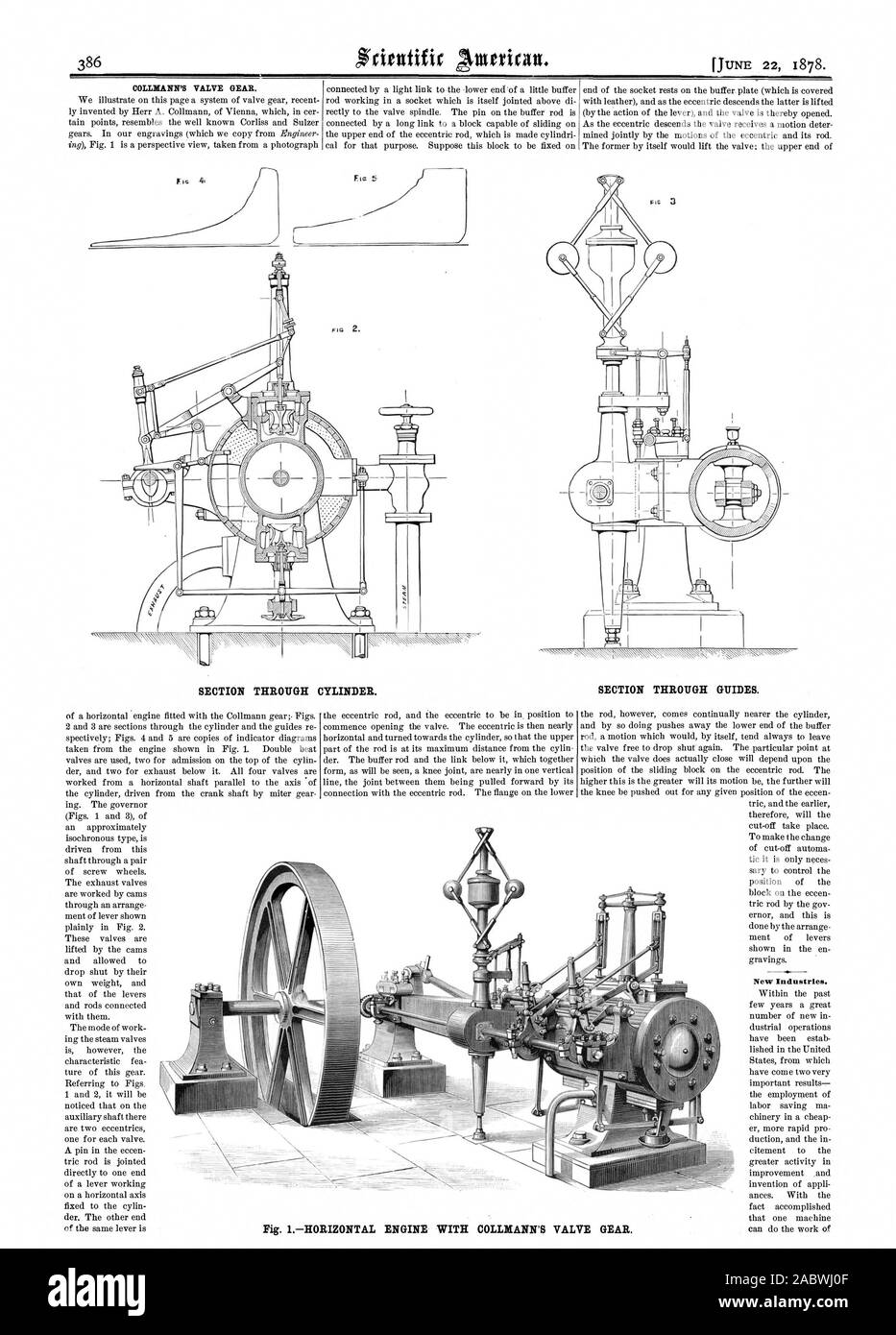 CLUMEN'S VALVE PIGNON. Article PAR CYLINDRE. L'ARTICLE DANS LES GUIDES. De nouvelles industries. Fig. COLLIKANN AVEC MOTEUR HORIZONTAL 1'S VALVE PIGNON., Scientific American, 1878-06-22 Banque D'Images