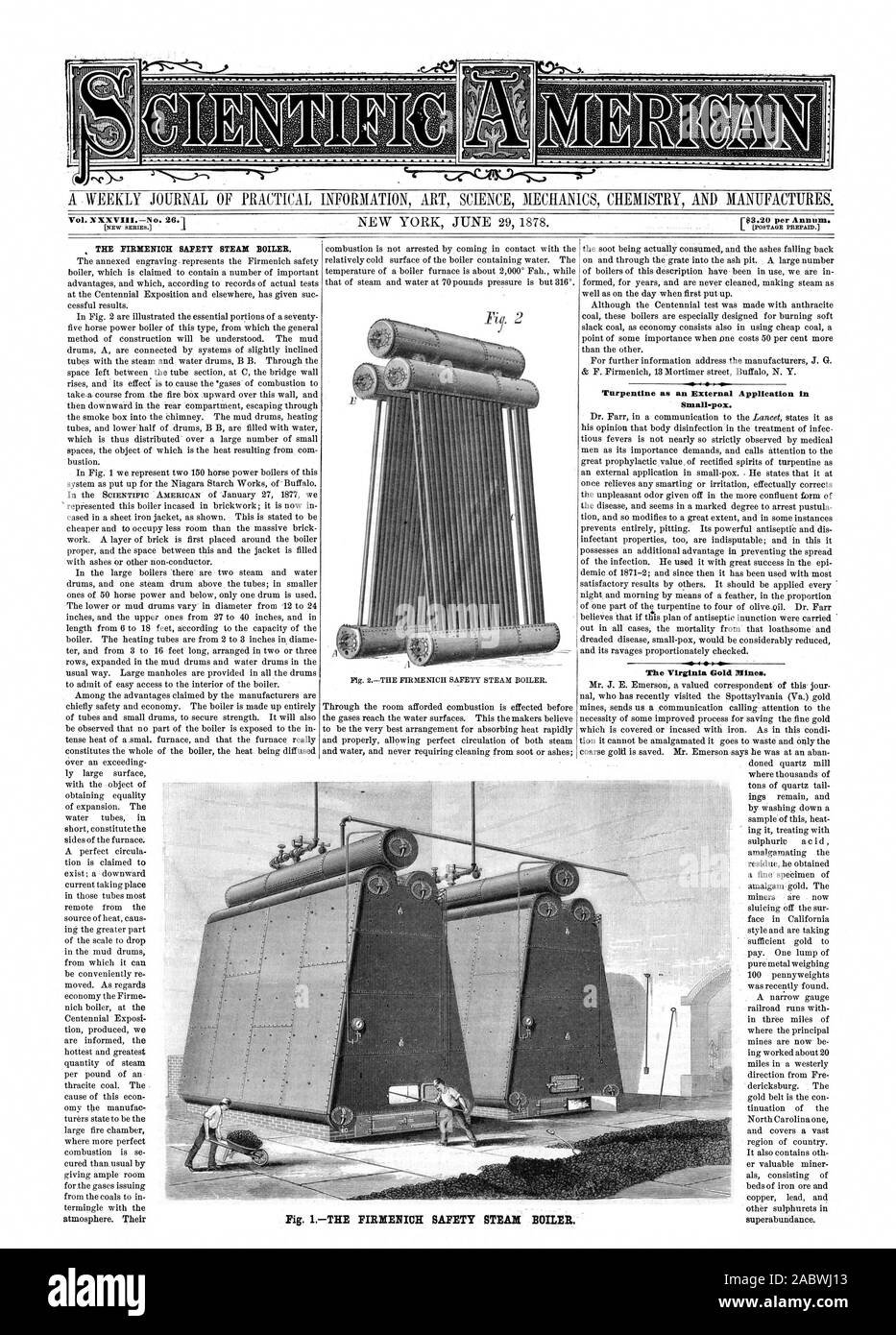 33,20 $ par année. L [PORT PAYÉ. Le FIRMENIOH COFFRE chaudière vapeur. La térébenthine comme une application externe dans la petite vérole. 4 Les Mines d'Or Virginia. Fig. 1.-La chaudière vapeur. SÉCURITÉ FIRMENICH, Scientific American, 1878-06-29 Banque D'Images