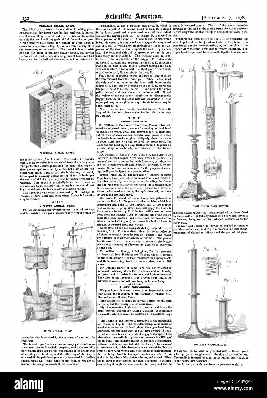 Une pièce de fixation étant fixés par L-forme encoches comme dans le portable de bougeoirs et Fig. 5 représente en détail les ar rangement du ressort de came et le couvercle pivotant. Les chandeliers portatifs. Dans ce cas, l'adepte est pourvu d'une pièce de pouce qui projette à travers une fente dans le côté du chandelier. La bougie est inséré par le chef supérieur ajouré comme dans l'appareil décrit pour la première fois., Scientific American, 1878-09-07 Banque D'Images
