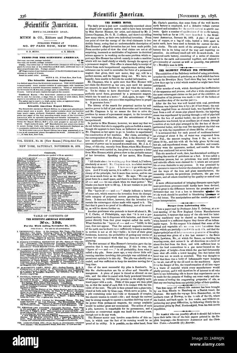 Semaine se terminant le 30 novembre 1878. Le ROSNER MOTEUR. Le Salisbury fourneau pour le pétrole. Danger d'huiles lubrifiantes., Scientific American, 1878-11-30 Banque D'Images