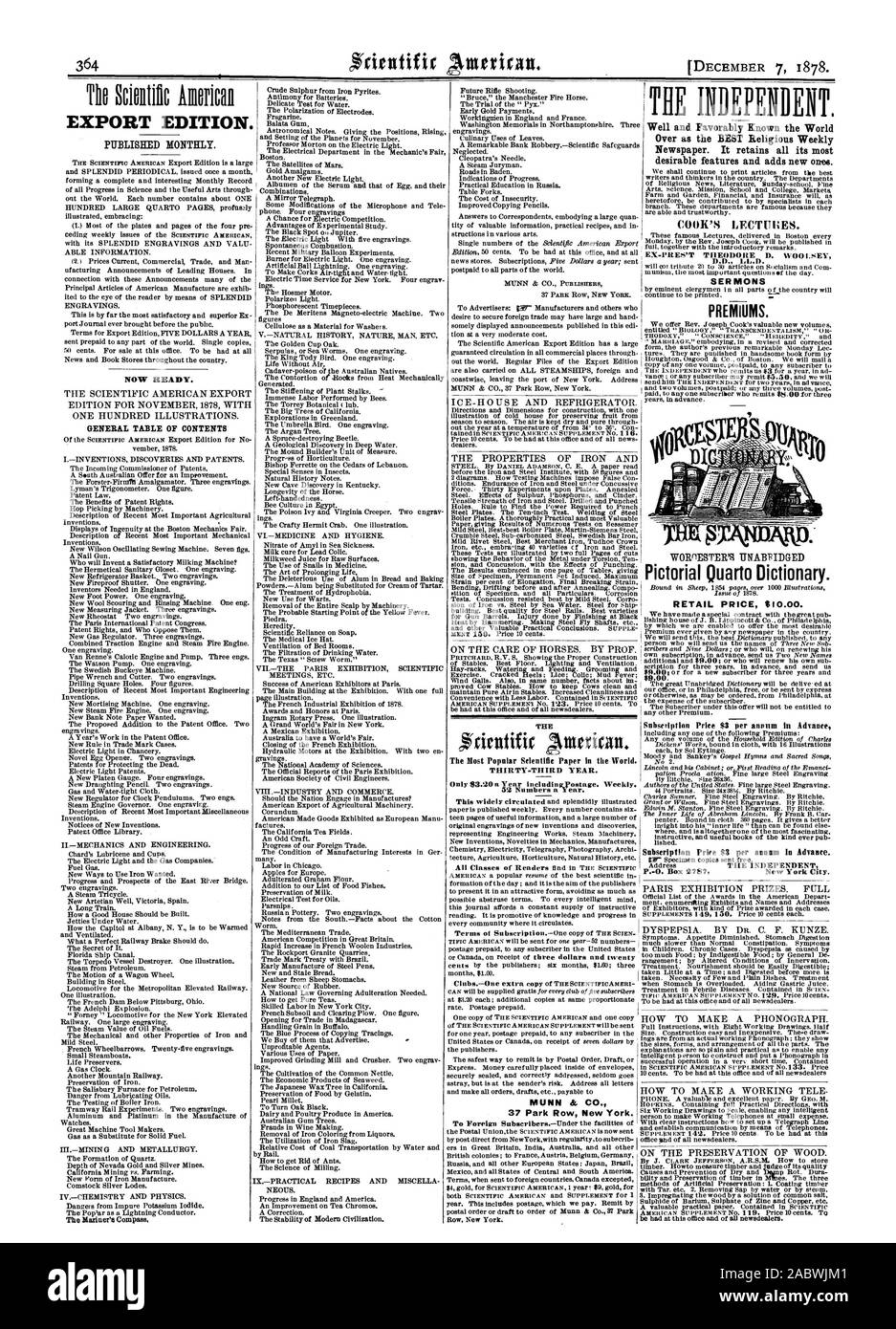 Le bien indépendant et bien connu dans le monde entier comme le meilleur journal hebdomadaire religieux. Il conserve toutes ses caractéristiques plus souhaitables et ajoute de nouveaux. LECTITEES DU CUISINIER. EX-PRES'T THEODORE D. WOO ISEY D.D. LL.D. SER MONS PRIMES. WORriESTER'S Unabridged Dictionary Quarto picturale. RETAIL PRICE $10.00. Prix de souscription de 3 $ par an à l'avance. P.-0. Fort 2787 La ville de New York. Édition d'exportation. PUBLISEED mensuellement. Capiteux maintenant. Général TABLE DES MATIÈRES Article scientifique les plus populaires dans le monde. Trente-troisième année. MUNN & CO. 37 Park Row New York. Ligne New York., Scientific American, 1878-12 Banque D'Images