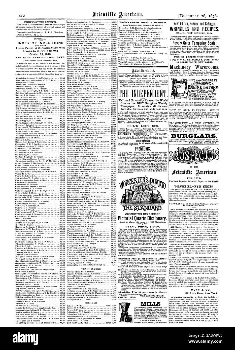 Les communications reçues. INDEX DES INVENTIONS D'OR qui a accordé au cours de la semaine se terminant le 29 octobre 1878 LES MARQUES. Dessins et modèles industriels. Retour Page chaque insertion-. 1,00 $ par ligne. La indépendante. Bien et favorablement connu dans le monde entier comme le meilleur journal hebdomadaire religieux. Il conserve toutes ses caractéristiques plus souhaitables et ajoute de nouveaux. Conférences du cuisinier. D.D. LL PRIMES. WORCESTER'S UNABRIDGED Prix de souscription de 3 $ par an à l'avance. La ville de New York. MILLS les rides et recettes. Édité par PARK BENJN Ph.D. Rose Couleur de l'échelle de revenu américain. Prix $2 à l'adresse de services postpayés. JOHN WI LEY FILS 15 éditeurs Banque D'Images