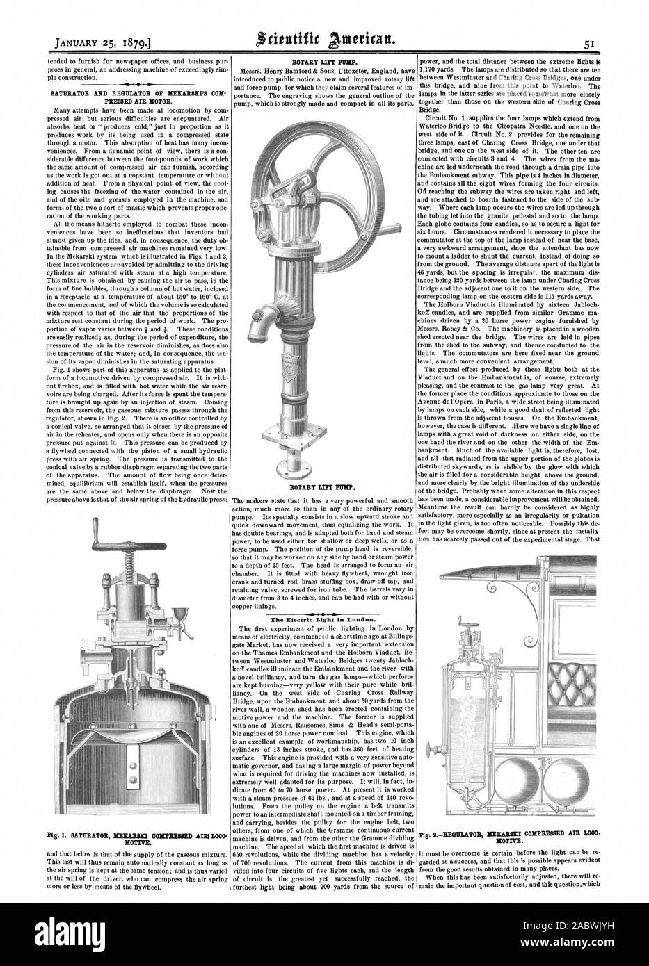 SATURATOR ET RÉGULATEUR DE L'MEICARSICPS COM MOTEUR de l'air pressé. Motif. Pompe rotative. Pompe rotative LT. La lumière électrique à Londres. Cochon. SREGULATOR  =KARS  % J'ai l'AIR COMPRIMÉ MOBILE., Scientific American, 1879-01-25 Banque D'Images