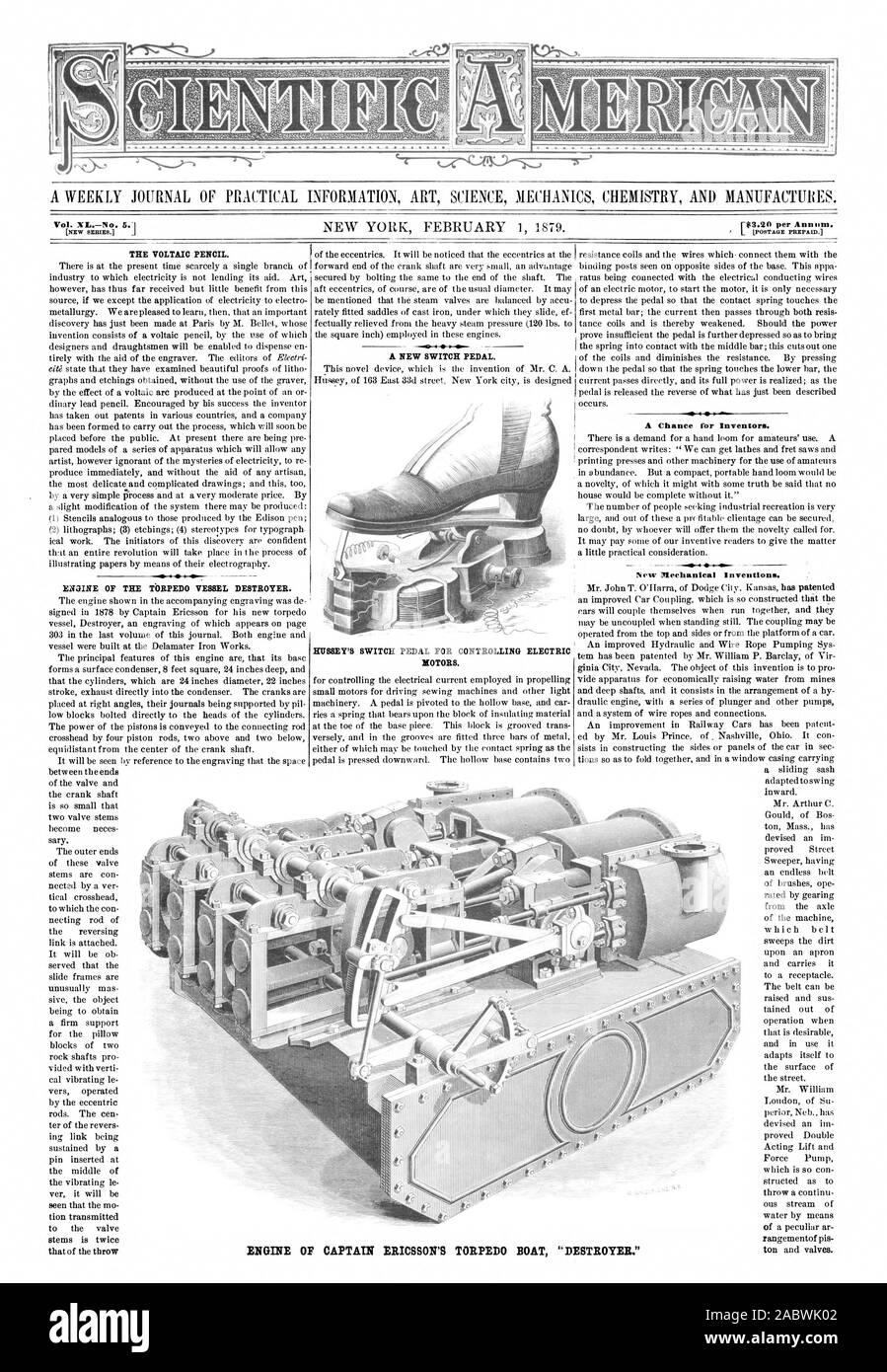 Un journal hebdomadaire D'INFORMATIONS PRATIQUES ART SCIENCE MÉCANIQUE CHIMIE ET PRODUITS MANUFACTURÉS. Vol. XLNo. 5. [Nouvelle Maman 143,20 par an. 13 Le photovoltaïque le crayon. Moteur de la torpille navire destroyer. Un nouveau contacteur pédale. Pédale d'HIISSEY POUR LA COMMANDE DE MOTEURS ÉLECTRIQUES. L'occasion pour les inventeurs. De nouvelles inventions mécaniques. Le capitaine DE MOTEUR ERICSSON LANCE-TORPILLES 'DESTROYER., Scientific American, 1879-02-01 Banque D'Images