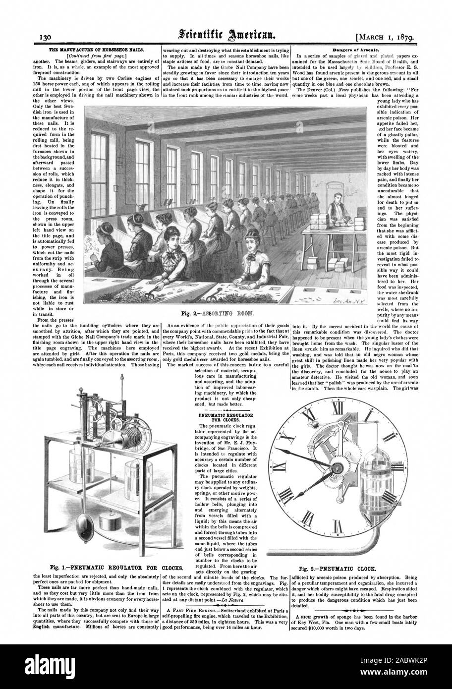 La fabrication de clous de fer à cheval. Suite de la première page. fer à repasser. C'est dans son ensemble un exemple des plus approuvé la construction incombustible. La machine est entraînée par deux moteurs Corliss de 150 chevaux chacun de qui apparaît dans le laminoir dans la partie inférieure de la première page voir les autres est employée dans la conduite de machines ou d'ongle illustré dans les autres vues. Seulement le meilleur fer plat Swe est utilisé dans la fabrication de ces clous. Il est réduit à la forme requise dans le laminoir d'être d'abord chauffée dans les fours de l'arrière-plan et ensuite transmises entre un succès Banque D'Images