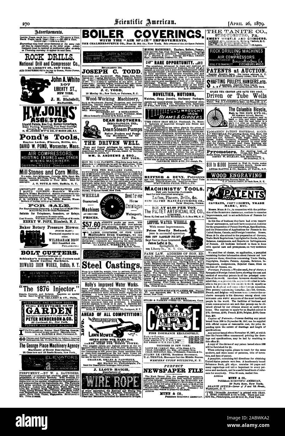 166. Prix 10 cents. pour l'entretien. 4. Moins de coût de l'approvisionnement quotidien tor par l'utilisation de machines de pompage améliorée du houx. 5. Réduit les risques d'assurance af et des primes. 7. Dispense d'incendie en tout ou en partie. 8. Service d'incendie réduit eenses. loor renseignements par pampiLet descriptif ou sinon l'adresse 1879 SCIENTIFIC AMERICAN INC., 1879-04-26 Banque D'Images