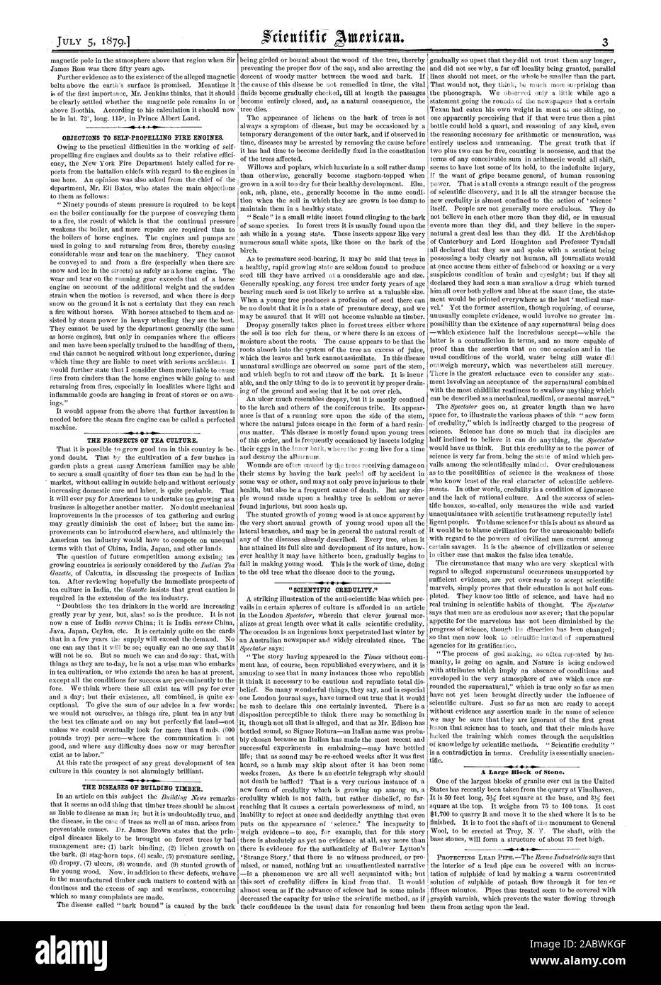 OBJECTIONS aux rames automotrices à INCENDIE. Les PERSPECTIVES DE LA CULTURE DU THÉ. Les maladies de bois de construction. Crédulité "scientifique." un gros bloc de pierre. 4, Scientific American, 1879-07-05 Banque D'Images