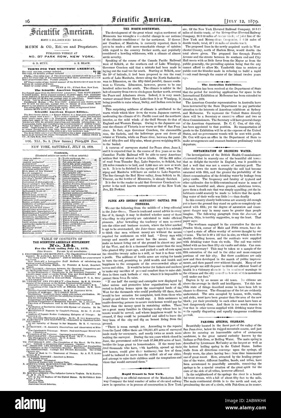 N° 37 PARK ROW NEW YORK. Le Scientific American Scientific American Supplement Édition exportation. Table des matières. Le SCIENTIFIC AMERICAN SUPPLEMENT 1vc =a. Pour la semaine se terminant le 12 juillet 1879. Le NORD-OUEST. Courage et l'énergie d'un capital suffisant pour les pionniers. Transport en commun rapide dans la région de New York. L'exposition de l'Australie. La contamination de l'eau potable., 1879-07-12 Banque D'Images