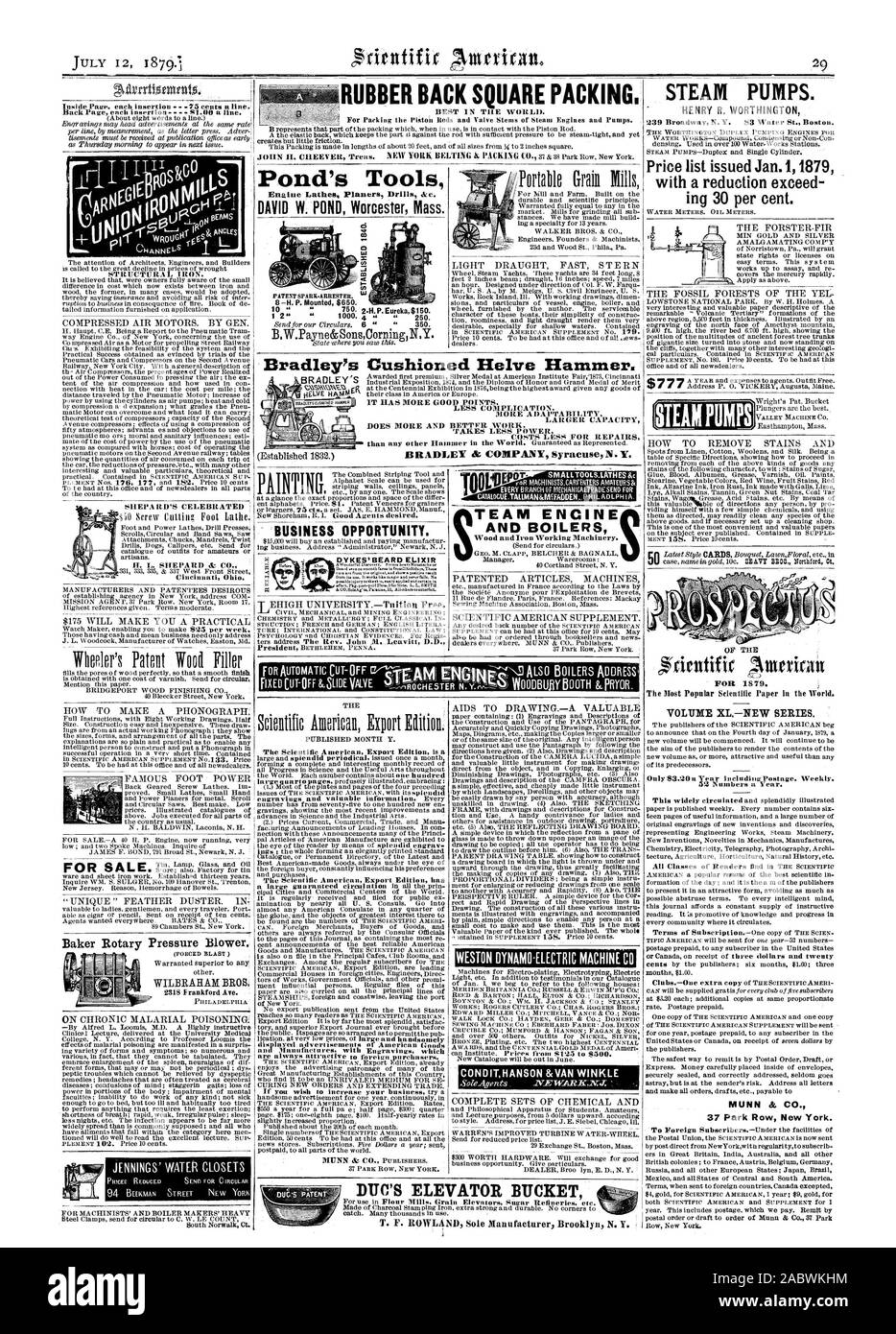 La garniture carrée RETOUR UBBER. Outils de l'ÉTANG 8 -H. P. monté de 650 $. 10 ' 760. 2.14. P. 150 $. Eureka Occasion d'affaires. CONDITHANSON ENCINE ET CHAUDIÈRES ÉQUIPE &VAN WINKLE POMPES À VAPEUR. HENRY R. WORTHINGTON ing 30  %. Pour 1879. XLNEW VOLUME SÉRIE. MUNN & CO. À VENDRE 50 2318 Frankford Avenue. BRADLEY EST SMALLTOOLSAATHES8c T SON ASCENSEUR SEAU, Scientific American, 1879-07-12 Banque D'Images