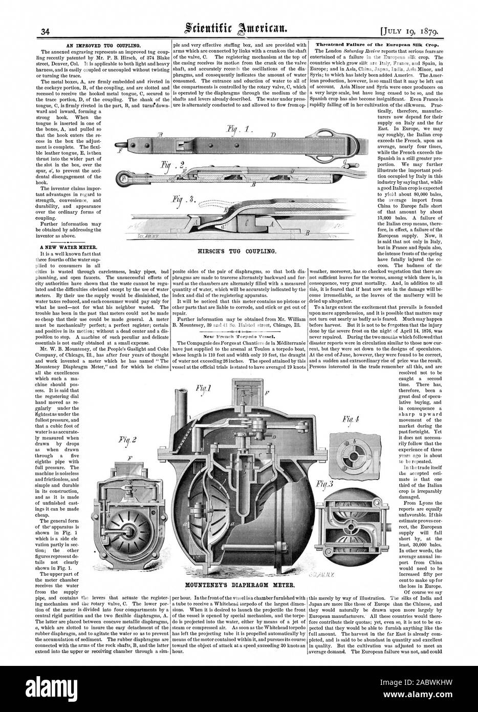 L'AMÉLIORATION DU COUPLAGE remorqueur. Un nouveau COMPTEUR D'EAU. Nouveau navire torpille français. L'IdOUNTENEY compteur à membrane. Menacé l'échec de l'Culture de la soie. Remorqueur de Hirsch. Accouplement, Scientific American, 1879-07-19 Banque D'Images
