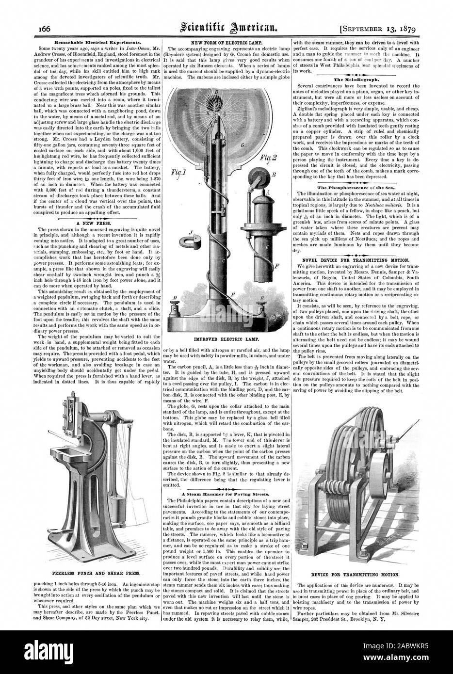 Nouvelle forme de lampe électrique. 2 Expériences électriques remarquables. Poinçon de PEERLESS ET PRESSE DE CISAILLEMENT. Le Melodlograph. La phosphorescence de la mer. Nouveau dispositif pour transmettre le mouvement. Dispositif pour transmettre le mouvement. Amélioration de la lampe électrique. Un marteau à vapeur pour le pavage des rues., Scientific American, 79-09-13 Banque D'Images