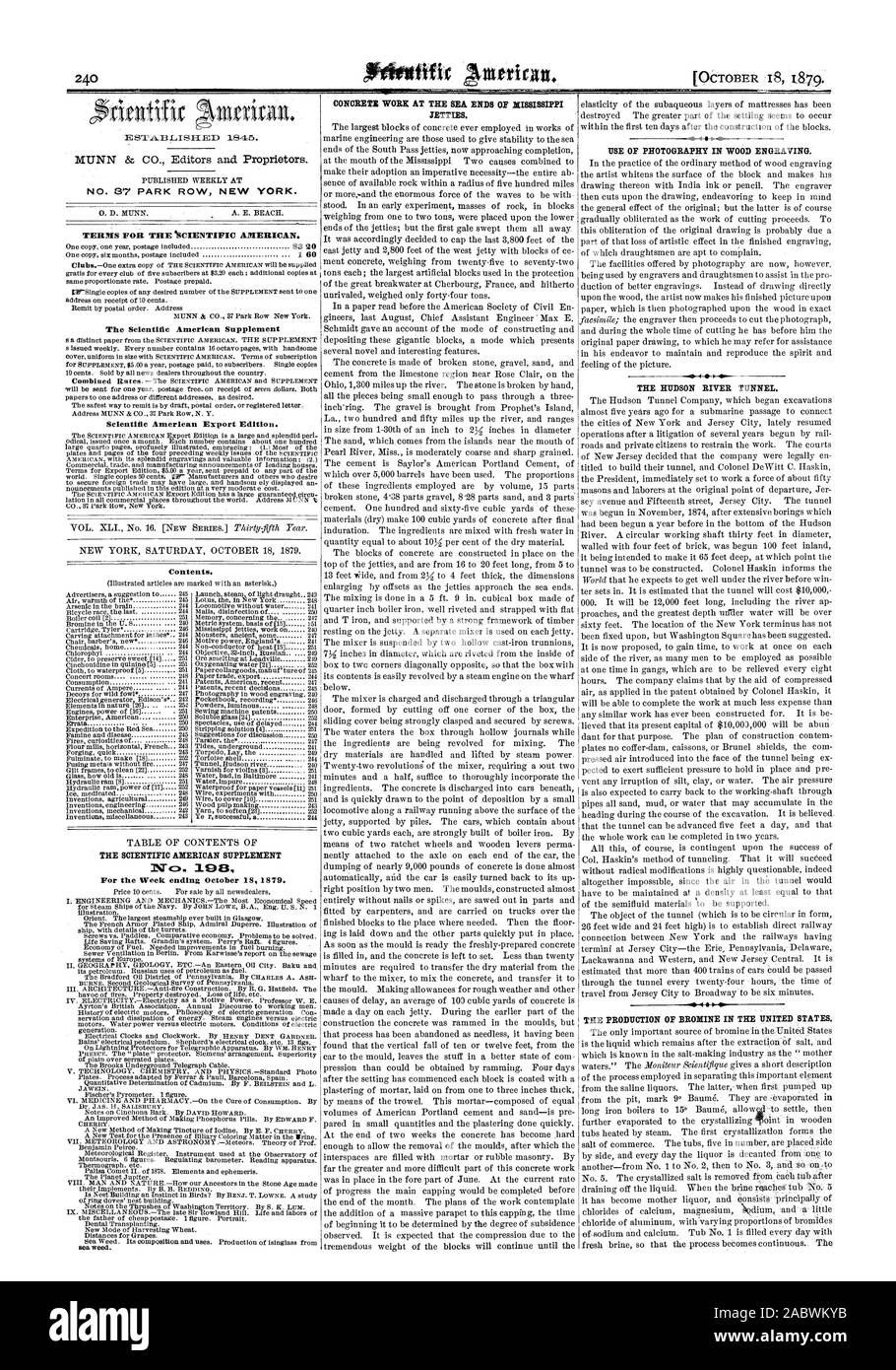 Semaine se terminant le 18 octobre 1879. des algues. Un travail concret à la mer. Extrémités des jetées du Mississippi. L'utilisation de RSS DE LA PHOTOGRAPHIE DANS LA GRAVURE SUR BOIS. La RIVIÈRE HUDSON TUNNEL., Scientific American, 1879-10-18 Banque D'Images