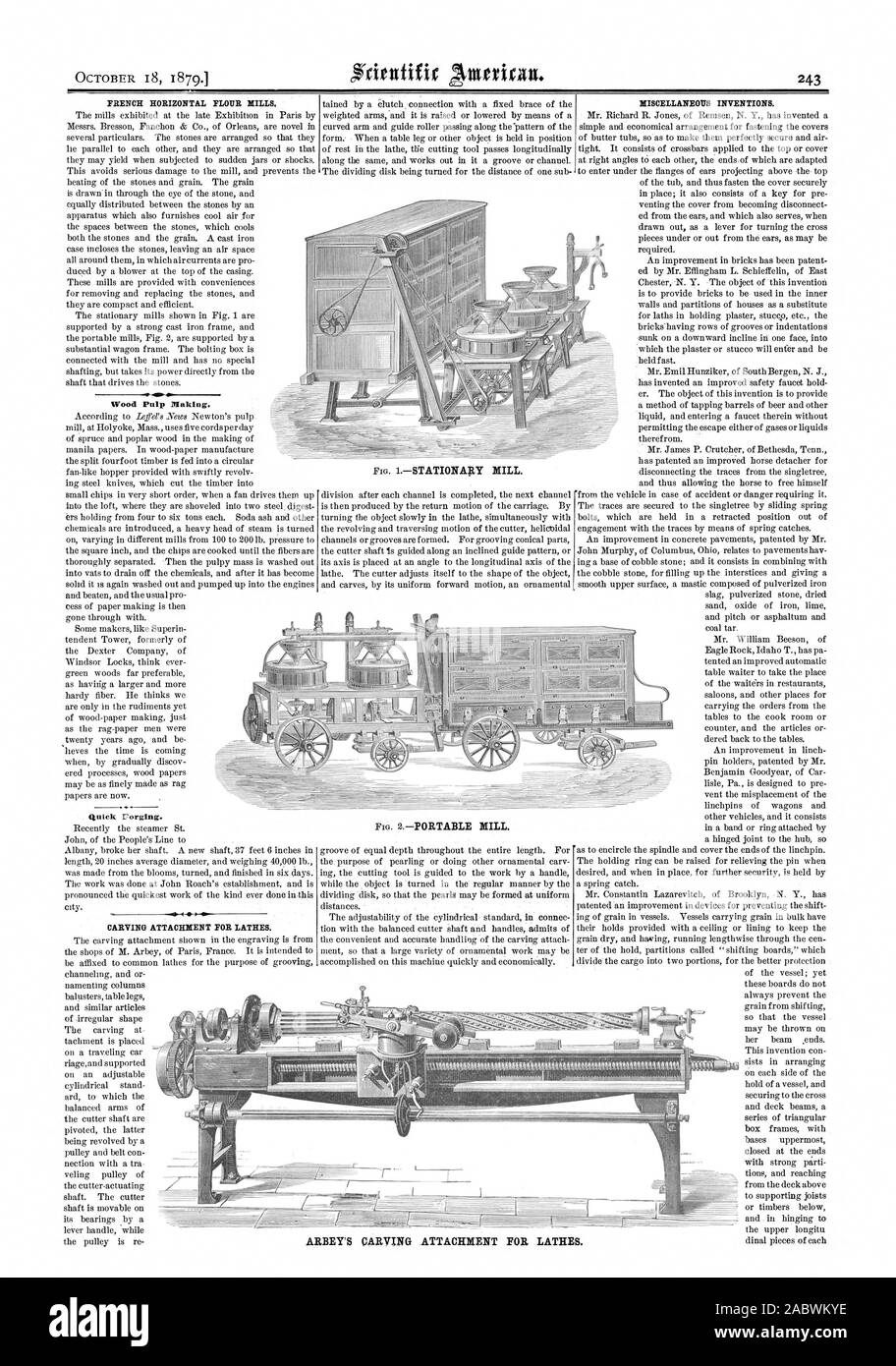 HORIZONTAL FRANÇAIS DES MOULINS À FARINE. La pâte de bois. Présentation rorging. L'ATTACHEMENT DE LA SCULPTURE POUR TOURS. Dispositions diverses inventions., Scientific American, 1879-10-18 Banque D'Images