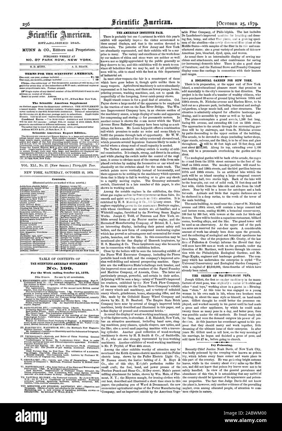 No 87 PARK ROW NEW YORK. Conditions POUR LE SCIENTIFIC AMERICAN. Le Scientific American Scientific American Supplement Édition exportation. Table des matières. Le SCIENTIFIC AMERICAN SUPPLEMENT MOS pour la semaine se terminant le mois d'octobre 251879. L'institut américain juste. Un JARDIN ZOOLOGIQUE POUR NEW YORK. L'empoisonnement de lierre., 1879-10-25 Banque D'Images