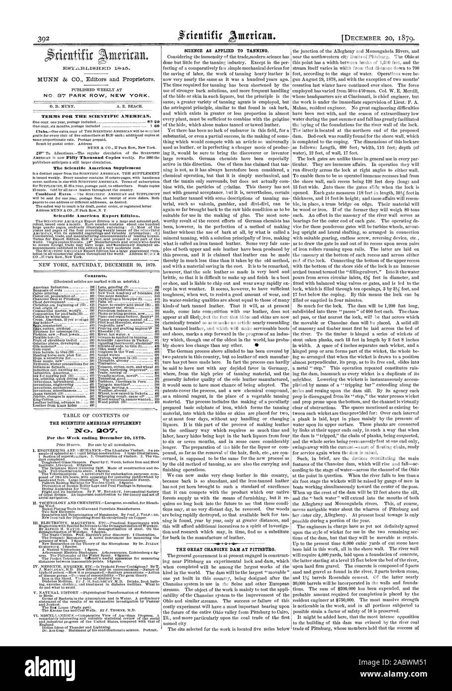 N° 207 LA SCIENCE APPLIQUÉE À LA TANNERIE. Le GRAND CHANOINE BARRAGE À PITTSBURG. Contenu., Scientific American, 1879-12-20 Banque D'Images