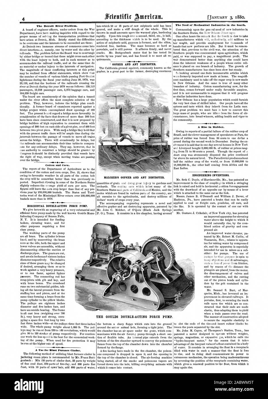 Le problème de la rivière Detroit. Le coton et le maïs. D'une utilisation pour le haut-fourneau. La nécessité d'Industries mécaniques dans le sud. Une montée en caoutchouc. Les GOULDS FORCE DOUBLE EFFET POMPE., Scientific American, 1880-01-03 Banque D'Images