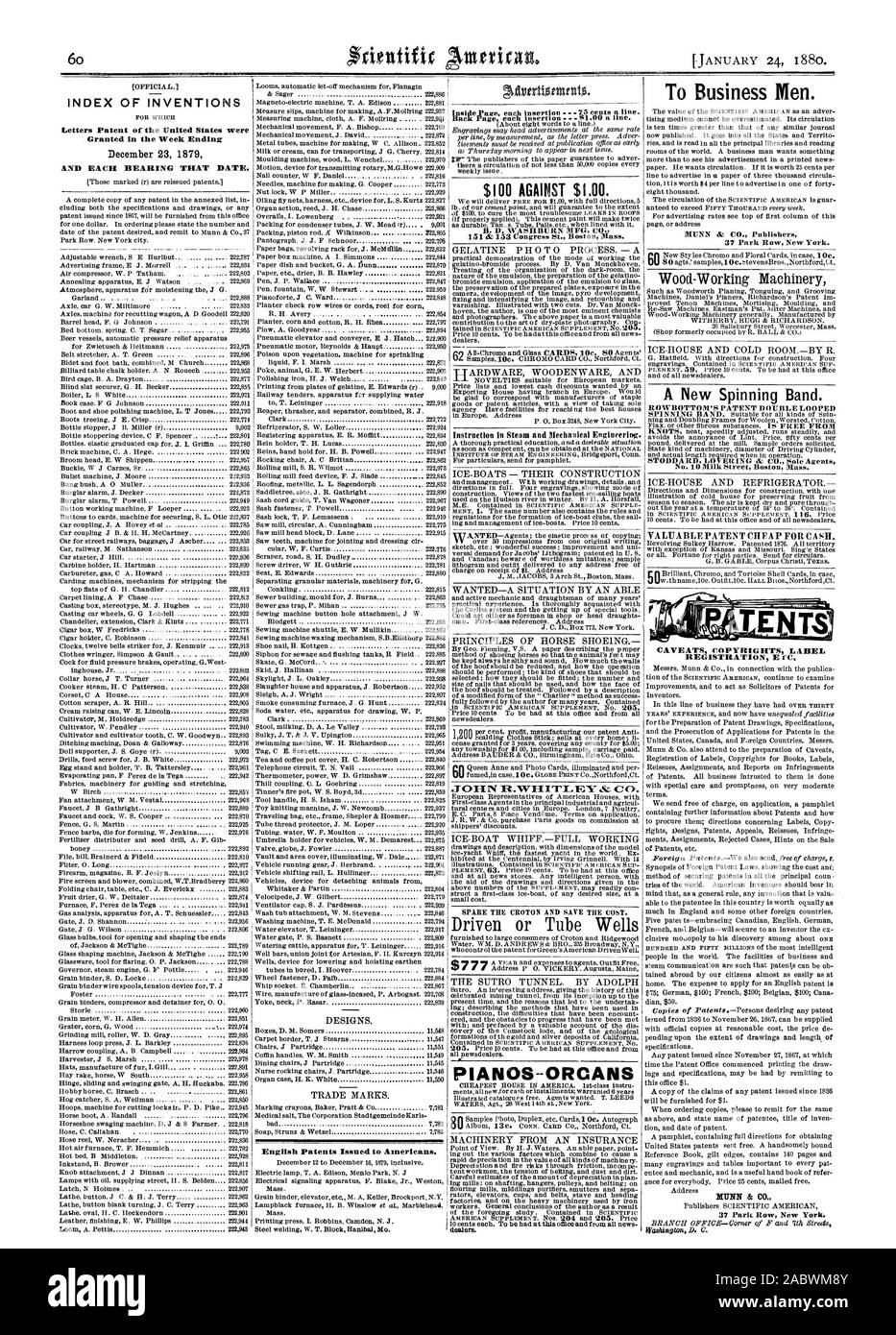 INDEX DES INVENTIONS 6 Lettres patentes de l'United States ont été accordés dans la semaine se terminant le 23 décembre 1879 et chaque transmission de cette date. 100 $ contre 1,00 $. 151 & 153, rue Congrès Boston Massachusetts conduit ou puits de pianos--ORCANS pour hommes d'affaires. 37 Park Row New York. Un nouveau groupe. ROWBOTT S 05r en boucle double brevet brevet valable pour de l'argent bon marché. Mises en garde de l'ÉTIQUETTE D'AUTEUR MUNN & CO. 37 Park Row New York. English Brevets délivrés à des Américains, Scientific American, 1880-01-24 Banque D'Images