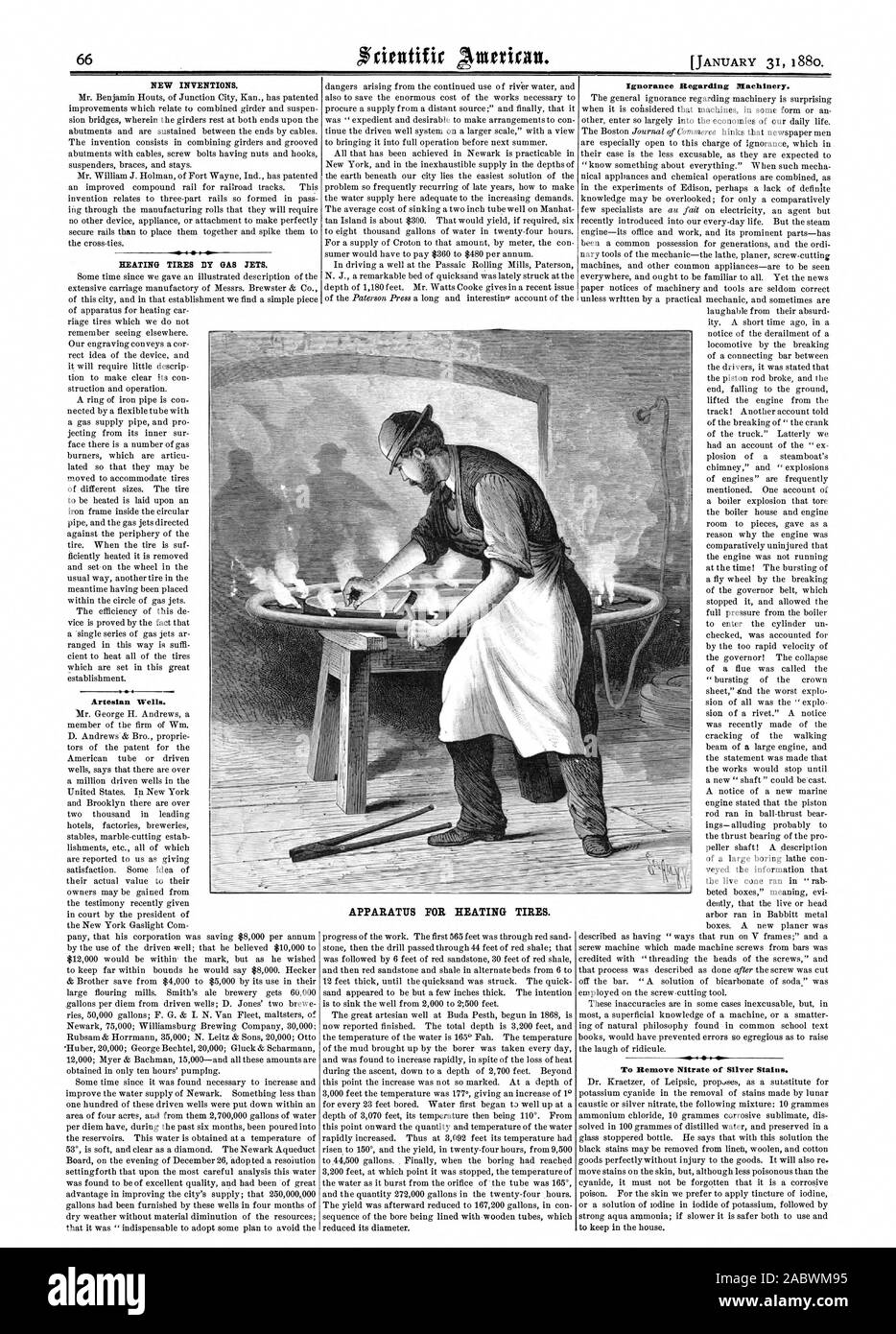 De nouvelles inventions. Chauffage des pneus par jets de gaz. 4 puits artésiens. L'ignorance au sujet des machines. Pour enlever les taches de nitrate d'argent pour le chauffage de l'appareil. pneus, Scientific American, 1880-01-31 Banque D'Images