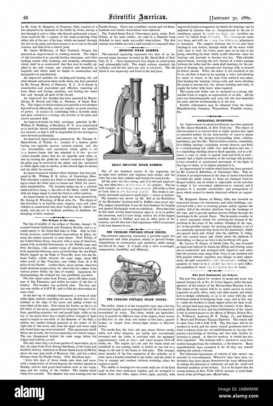 Le moteur à vapeur portatif de Peerless. L'AMÉLIORATION DE LA MACHINE À VAPEUR DE BELL d'un marteau. Le moteur à vapeur portatif de Peerless. L'AMÉLIORATION D'UN MARTEAU À VAPEUR.  +F1 1I1P l'éclipse du Soleil. Des inventions mécaniques. La nouvelle École d'art industriel., Scientific American, 1880-01-31 Banque D'Images