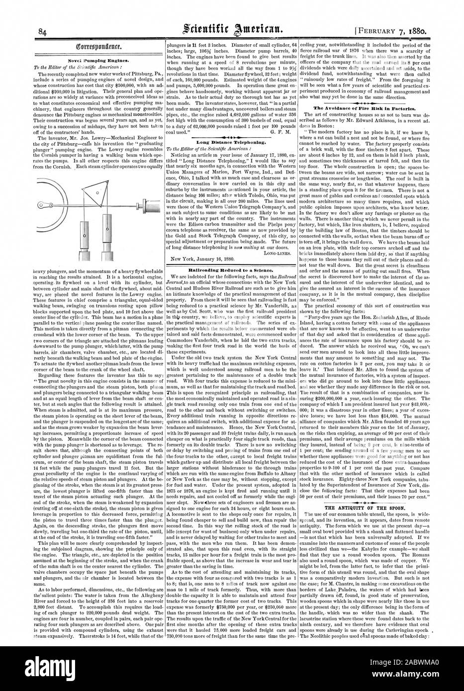 De nouveaux moteurs de pompage. La téléphonie longue distance. L'exploitation ferroviaire réduit à une science. La prévention des risques d'incendie dans les usines. L'antiquité de la cuillère., Scientific American, 1880-02-07 Banque D'Images