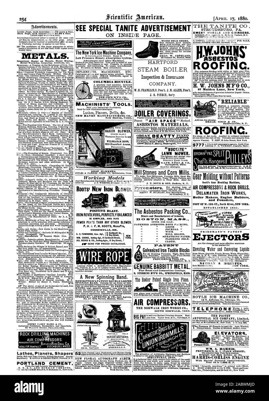 Papier de revêtement parquet estimé. Chiffon. Les mineurs et les fabricants d'amiante l'amiante. Emballage CORDE WICK Meules et moulins de maïs. J. T. NOYE & SON Buffal N. Y. L'amiante Packing Co. galvanisées blocs attaquer PROVIDENCE TOOL CO. Fabricants unique NEW YORK. Métallique BABBITT AUTHENTIQUE, Scientific American, 1880-04-17 Banque D'Images