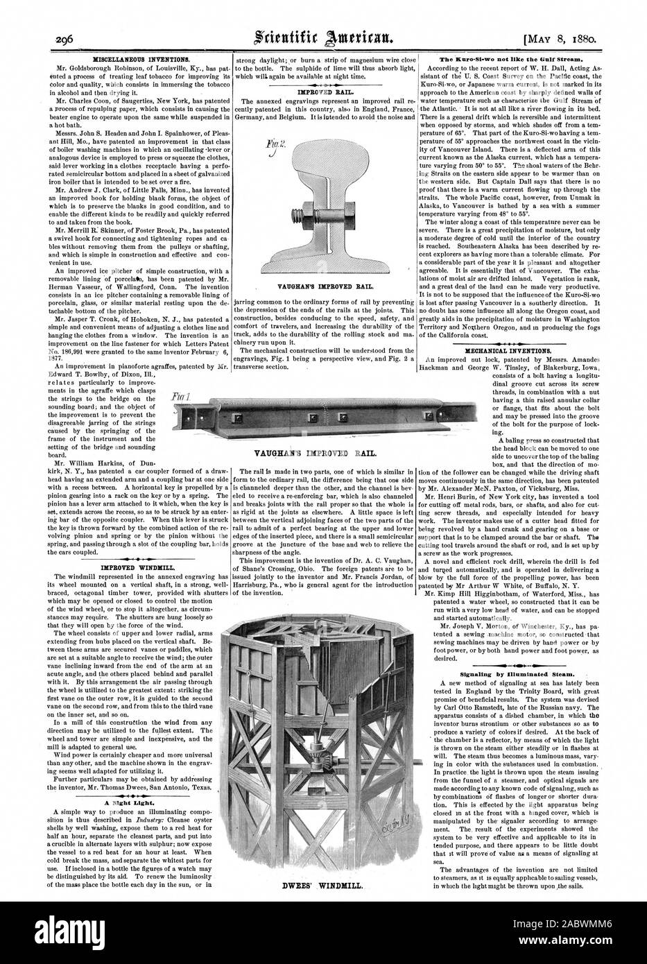 Dispositions diverses inventions. L'AMÉLIORATION DE MOULIN À VENT. Une lumière la nuit. Amélioration des liaisons ferroviaires. Le Kuro-Si-uro pas comme le Gulf Stream. Des inventions mécaniques. Signalisation par allumé en vapeur. LI VAUGHAN Amélioration des liaisons ferroviaires. DWEES' MOULIN À VENT. VAUGHAN. ferroviaire amélioré, Scientific American, 1880-05-08 Banque D'Images