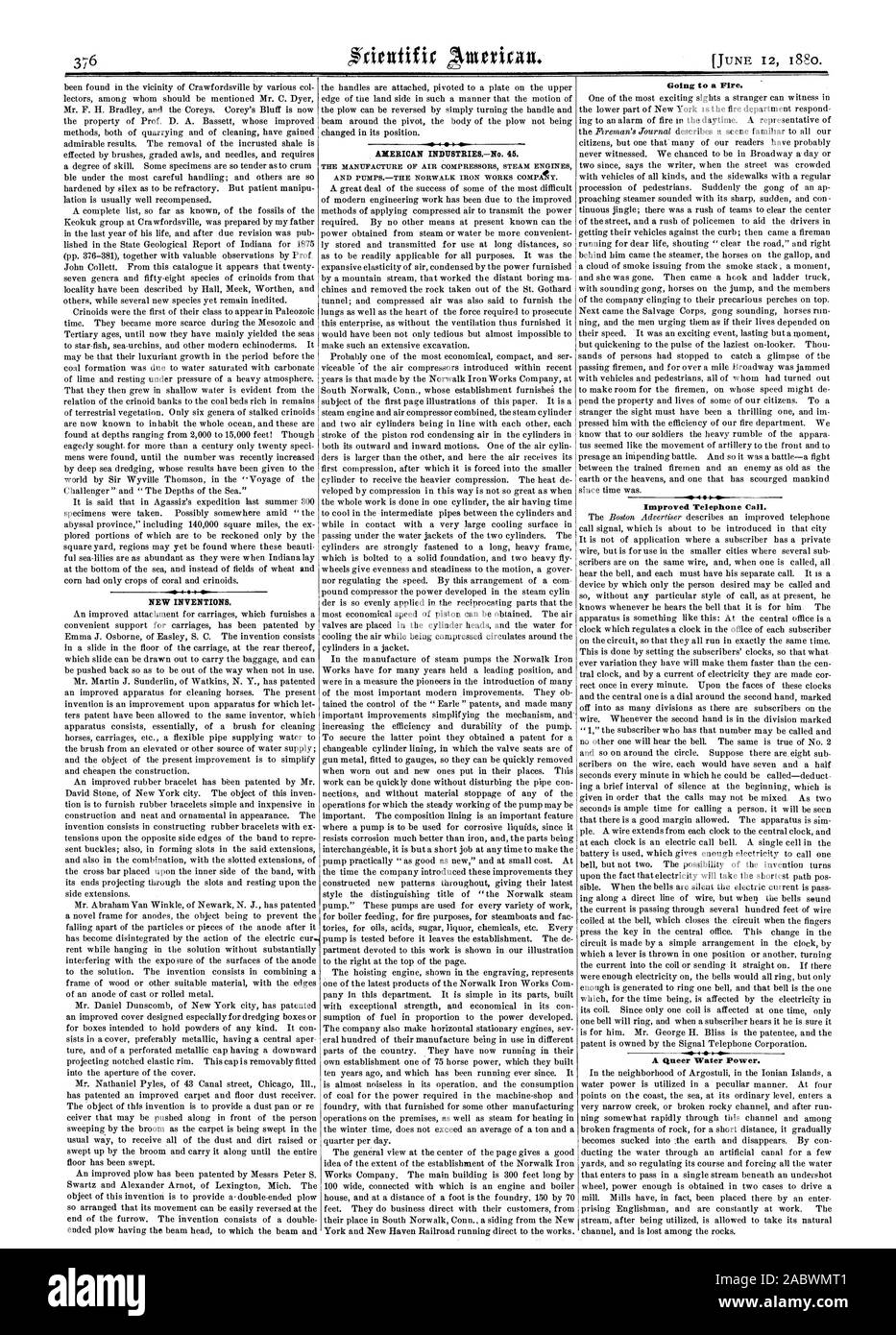 De nouvelles inventions. INDUSTRIESNo américain. 45. La FABRICATION DE COMPRESSEURS D'AIR DES MOTEURS À VAPEUR ET PUMPSTHE COMPAY IRON WORKS DE NORWALK. Aller à un feu. Amélioration de l'appel téléphonique. Un étrange pouvoir de l'eau., Scientific American, 1880-06-12 Banque D'Images