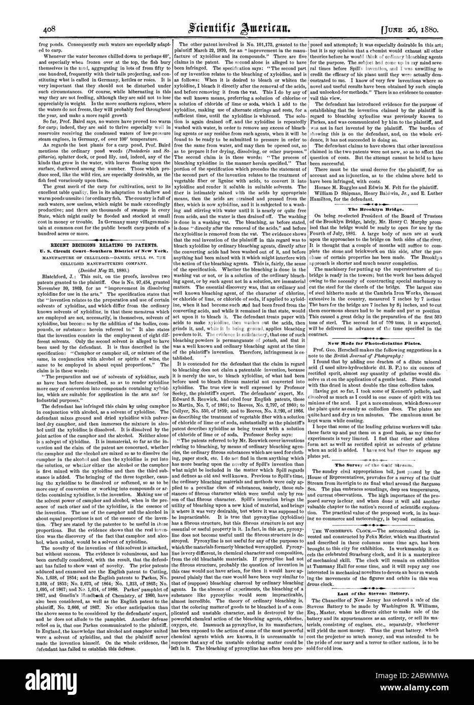 Je LES RÉCENTES DÉCISIONS RELATIVES AUX BREVETS. C. S. Cour-Circuit du District sud de New York. CELLULOID MANUFACTURING COMPANY. Le Pont de Brooklyn. Nouveau mode pour Photo-Gelatin les plaques. L'enquête du Gulf Stream. Dernier des Stevens. batterie, Scientific American, 1880-06-26 Banque D'Images