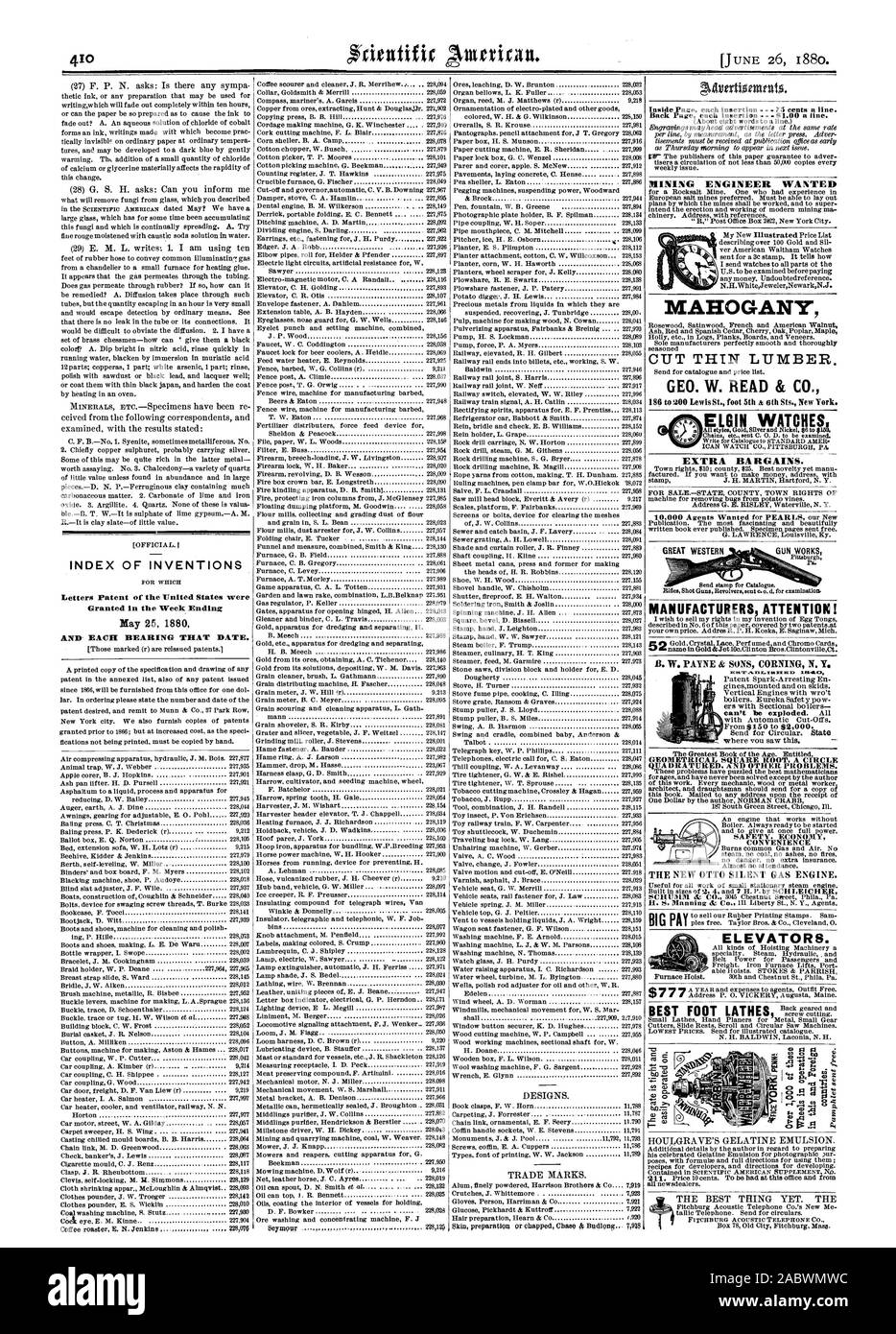 INDEX DES INVENTIONS Lettres patentes de l'United States ont été accordés dans la semaine se terminant ET CHAQUE ROULEMENT CETTE DATE. Ativtritionunl$. Ingénieur minier a voulu couper du bois d'Acajou léger. GEO. W. READ & CO. L'UTILISATION DES BONNES AFFAIRES. L'ATTENTION DES FABRICANTS ! Comme an = zeL40 BIG PAYER ASCENSEURS., Scientific American, 1880-06-11 Banque D'Images