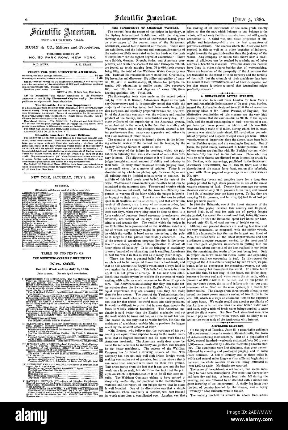 N° 37 PARK ROW NEW YORK. Conditions POUR LE SCIENTIFIC AMERICAN. Le Scientific American Scientific American Supplement Édition exportation. Table des matières. Le SCIENTIFIC AMERICAN Supplément n° pour la semaine se terminant le 3 juillet 1880. La supériorité de l'AMERICAN MONTRES. Un remarquable PETIT BATEAU À VAPEUR. Une étrange épidémie., 1880-07-03 Banque D'Images