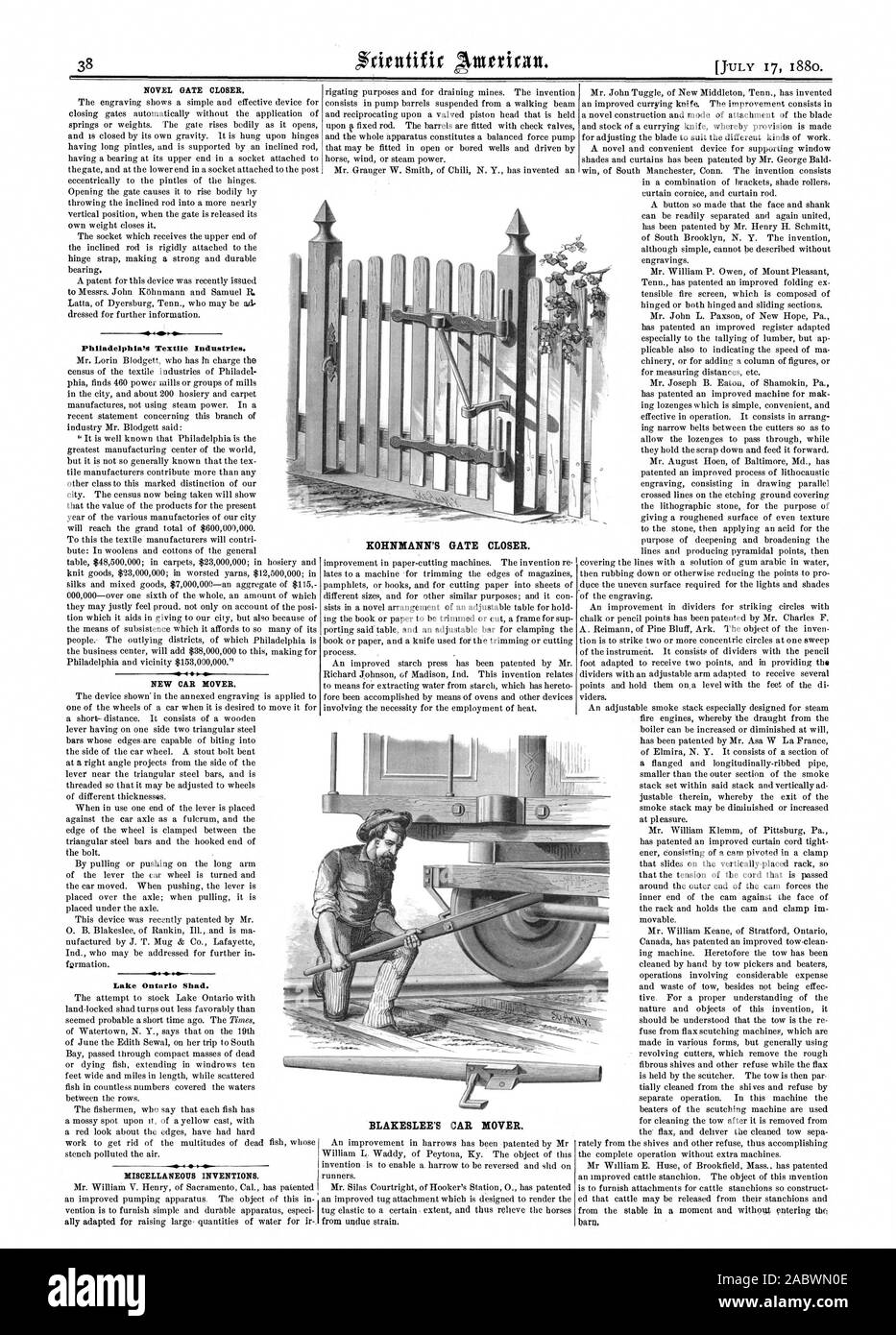 NOVRL PLUS PRÈS DE LA PORTE. Philadelphia's Industries du Textile. Nouvelle voiture MOVER. Dispositions diverses inventions. La voiture de BLAKESLEE MOVER. Le lac Ontario Shad. KOHNBIANN'S GATE PLUS PRÈS., Scientific American, 1880-07-17 Banque D'Images