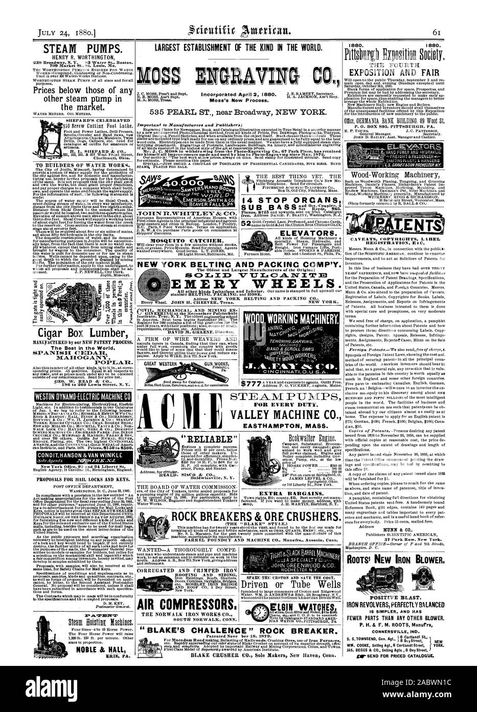 1880. Avertissements d'auteur de la diffamation machines. Plus grand ÉTABLISSEMENT DE LA SORTE DANS LE MONDE. Masse d'EASTHAMPTON. Pour chaque devoir. Brise Roche & CONCASSEURS DE MINERAI. Les compresseurs d'AIR SOUFFLE POSITIF. REVOLVERS FER PARFAITEMENT ÉQUILIBRÉ EST PLUS SIMPLE ET COMPORTE MOINS DE PIÈCES QUE TOUT AUTRE VENTILATEUR. CONNERSVILLE IND. S. S. TOWNSEND Gen. Agt. et nouvelle JAS. BEGGS & Co. de vendre les AGT 8 Rue Bey, Scientific American, 1880-07-24 Banque D'Images