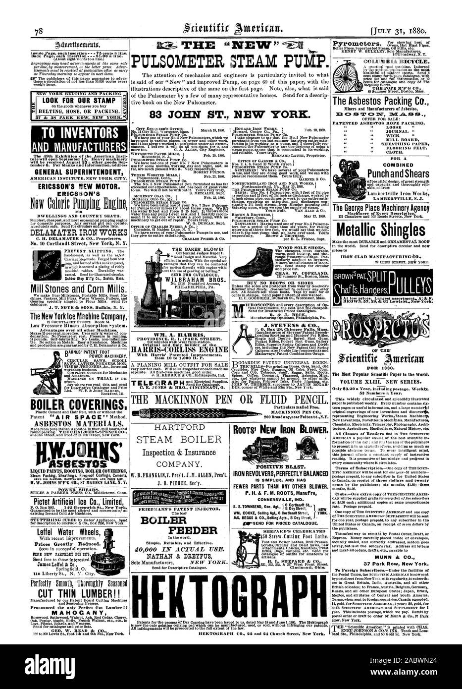 Rechercher NOTRE FLEXIBLE POUR COURROIES. Ou d'emballage. Pour LES INVENTEURS ET LES FABRICANTS La 49e Exposition de l'Insti tute américaine va ouvrir le 15 septembre. 6 septembre la machinerie lourde. Pour les blancs et informations adresse INSTITUT AMÉRICAIN DE NEW YORK. L'ERICSSON NOUVEAU MOTEUR. Logements d'ERICSSON ET PAYS SIÈGES. DELAIVIATER IRON WORKS Co. liTg étape caoutchouc maman de Boston. Meules et moulins de maïs. catalogue. J. T. NOYE & SONS Buffal N. Y. Le New York Ice Machine Company. Avantages par rapport à toutes les autres machines. densation. Pas de pression au repos. Pression dans l'exécution de 14 livres. Auto-lubrifiantes. Pas de fuites non- Banque D'Images