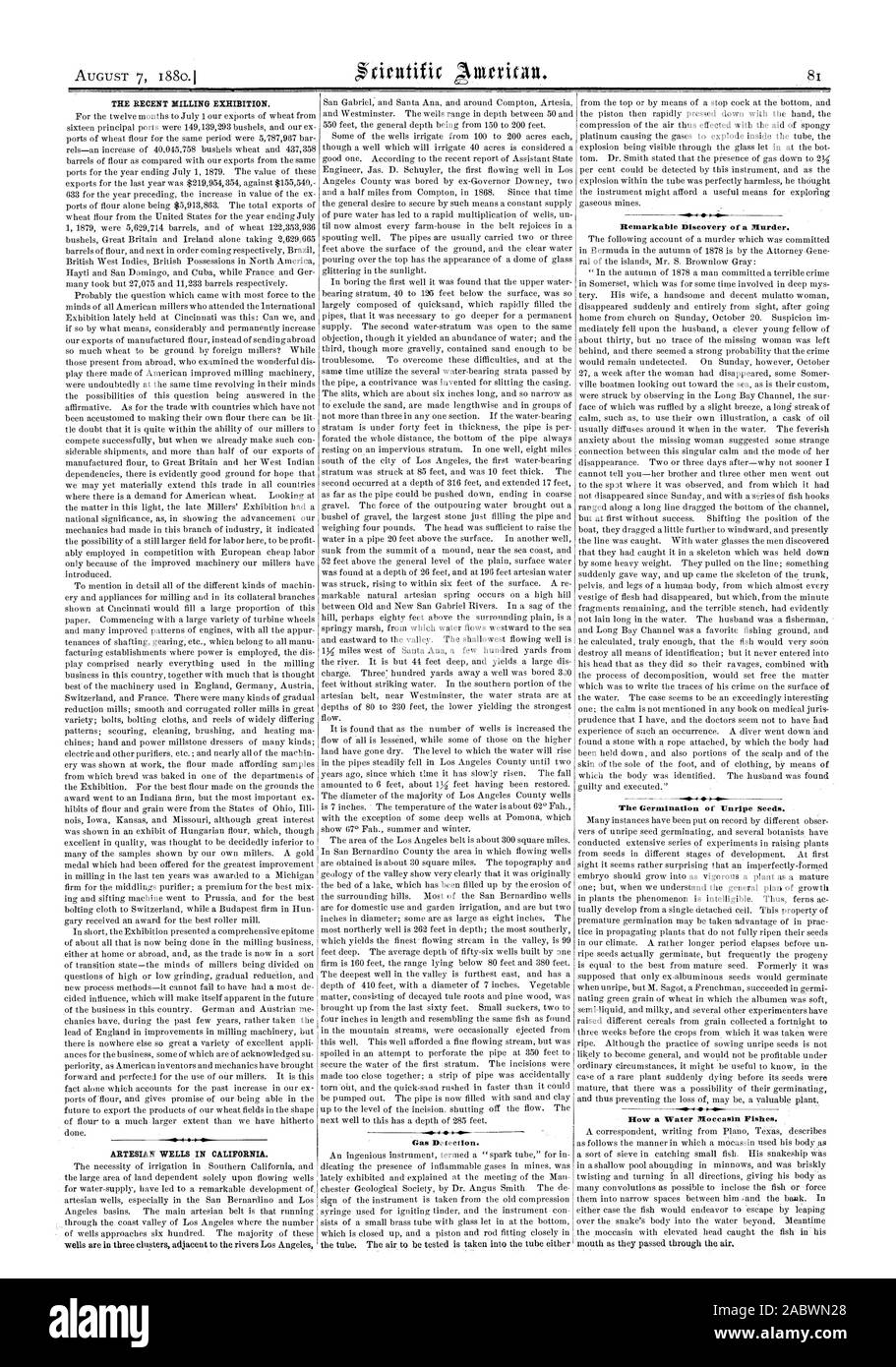 Le meurtre récent de l'exposition. Les puits artésiens en Californie. La détection de gaz. Remarquable Découverte d'un meurtre. La germination des graines immatures. Comment un mocassin d'eau Poissons., Scientific American, 1880-08-07 Banque D'Images