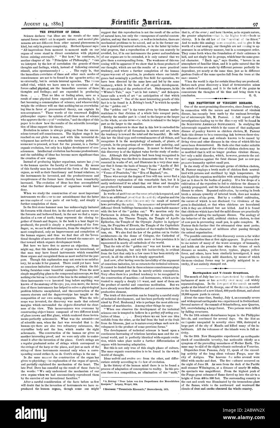 L'ÉVOLUTION DES IDÉES. La prévention de maladies virulentes. Les séismes et les éruptions volcaniques., Scientific American, 1880-08-14 Banque D'Images