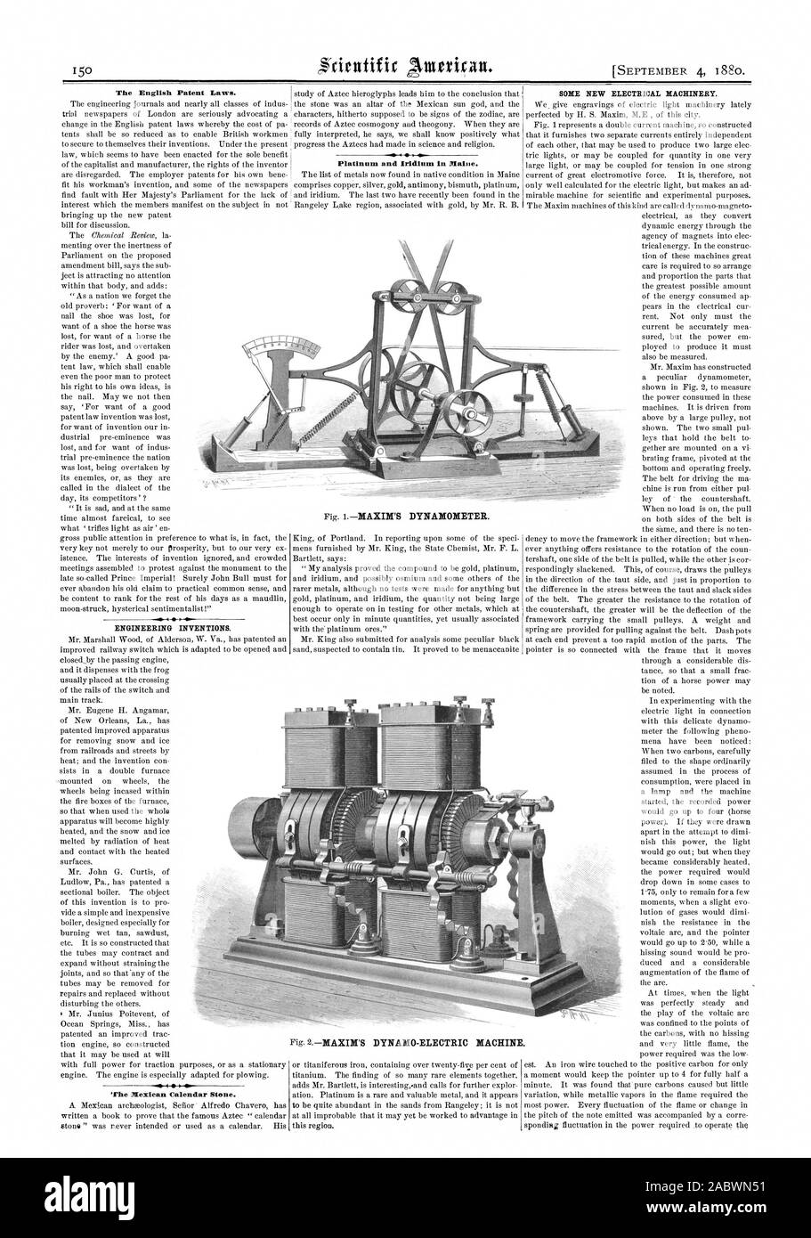 La législation sur les brevets. Les inventions techniques. Le calendrier mexicain Pierre. Le platine et l'Iridium dans le Maine. Quelques nouvelles machines électriques., Scientific American, 1880-09-04 Banque D'Images