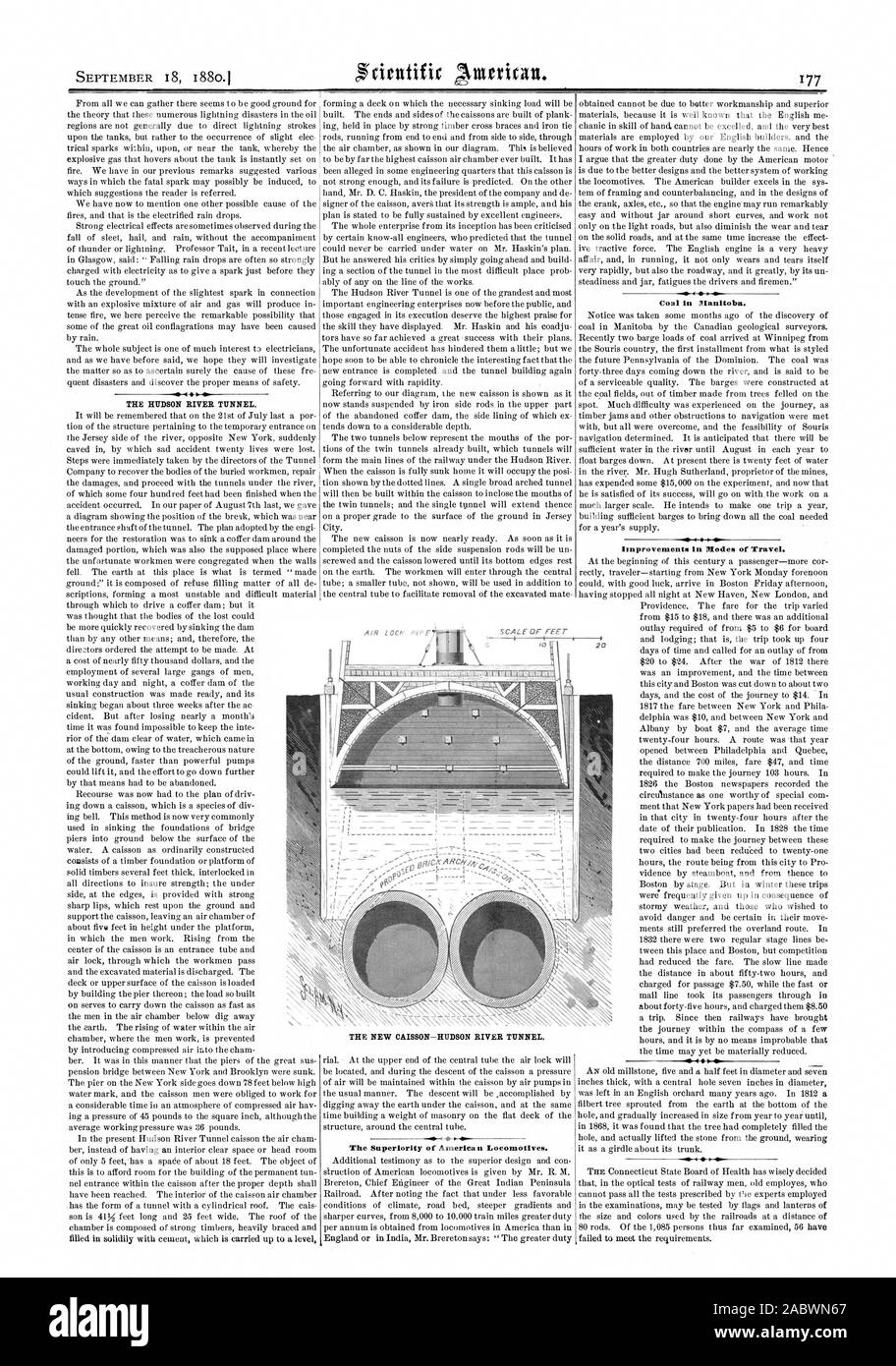 La RIVIÈRE HUDSON TUNNEL. Pieds de l'échelle de l'Amérique La supériorité de locomotives. Le charbon au Manitoba. L'amélioration des modes de transport. II, Scientific American, 1880-09-18 Banque D'Images