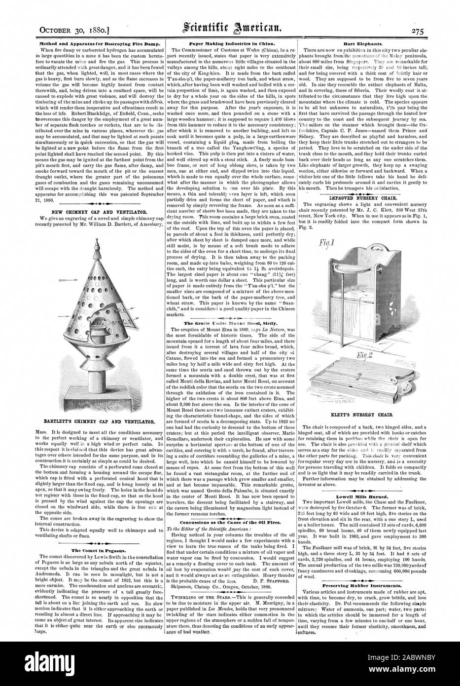 Méthode et appareil pour détruire le feu humide. La comète de Pégase. Les industries de fabrication du papier en Chine. La grotte sous le mont Rossi la Sicile. Les commotions cérébrales comme la cause de l'incendie 0. Les éléphants Rare Lowell Mills brûlé. La préservation des instruments en caoutchouc., Scientific American, 1880-10-30 Banque D'Images
