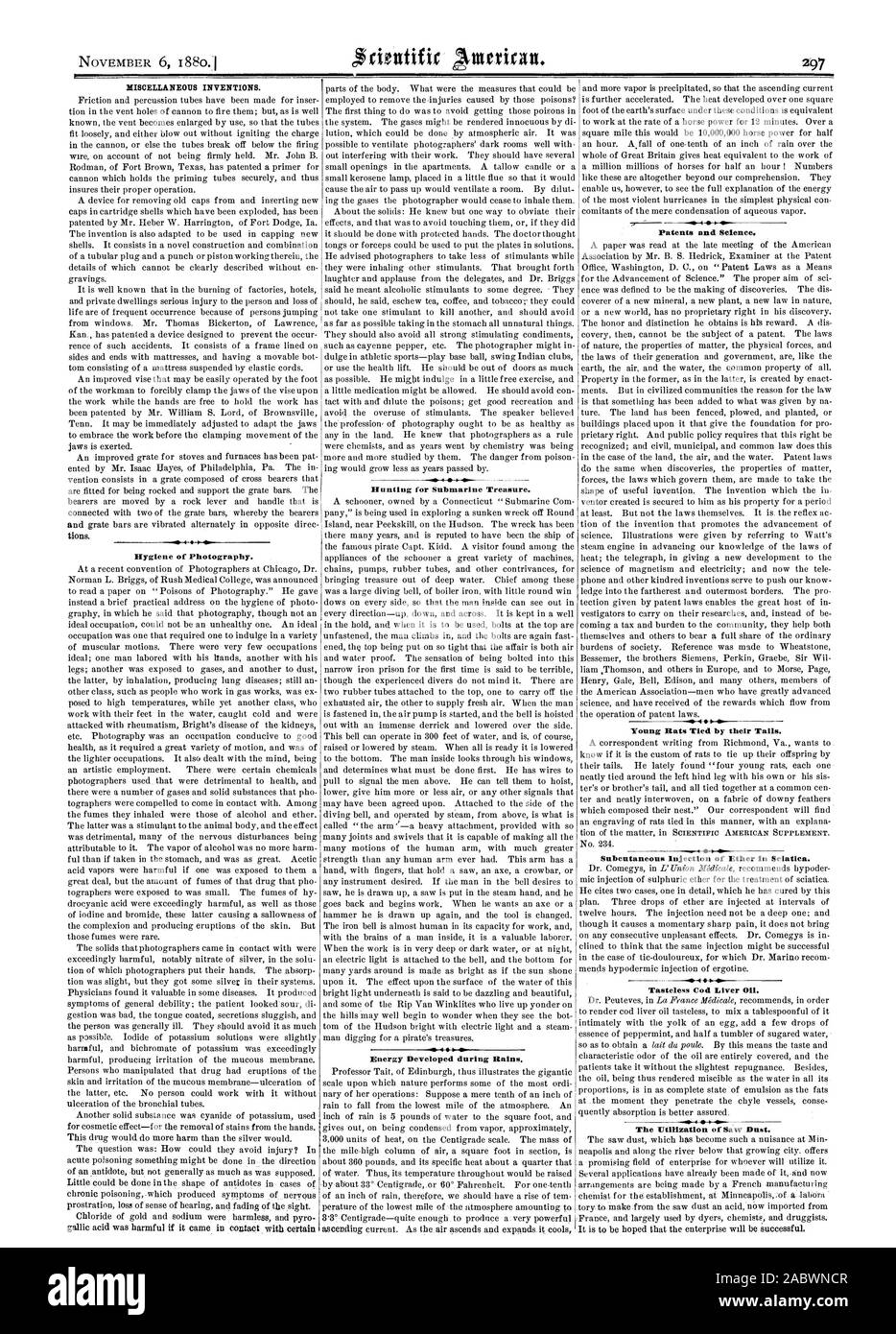 Dispositions diverses inventions. 4 Hygiène de la photographie. La chasse au trésor sous-marin. -Énergie développée lors de pluies. Les brevets et la science. De jeunes rats liées par leur queue. Foie de morue sans goût 0., Scientific American, 1880-11-06 Banque D'Images