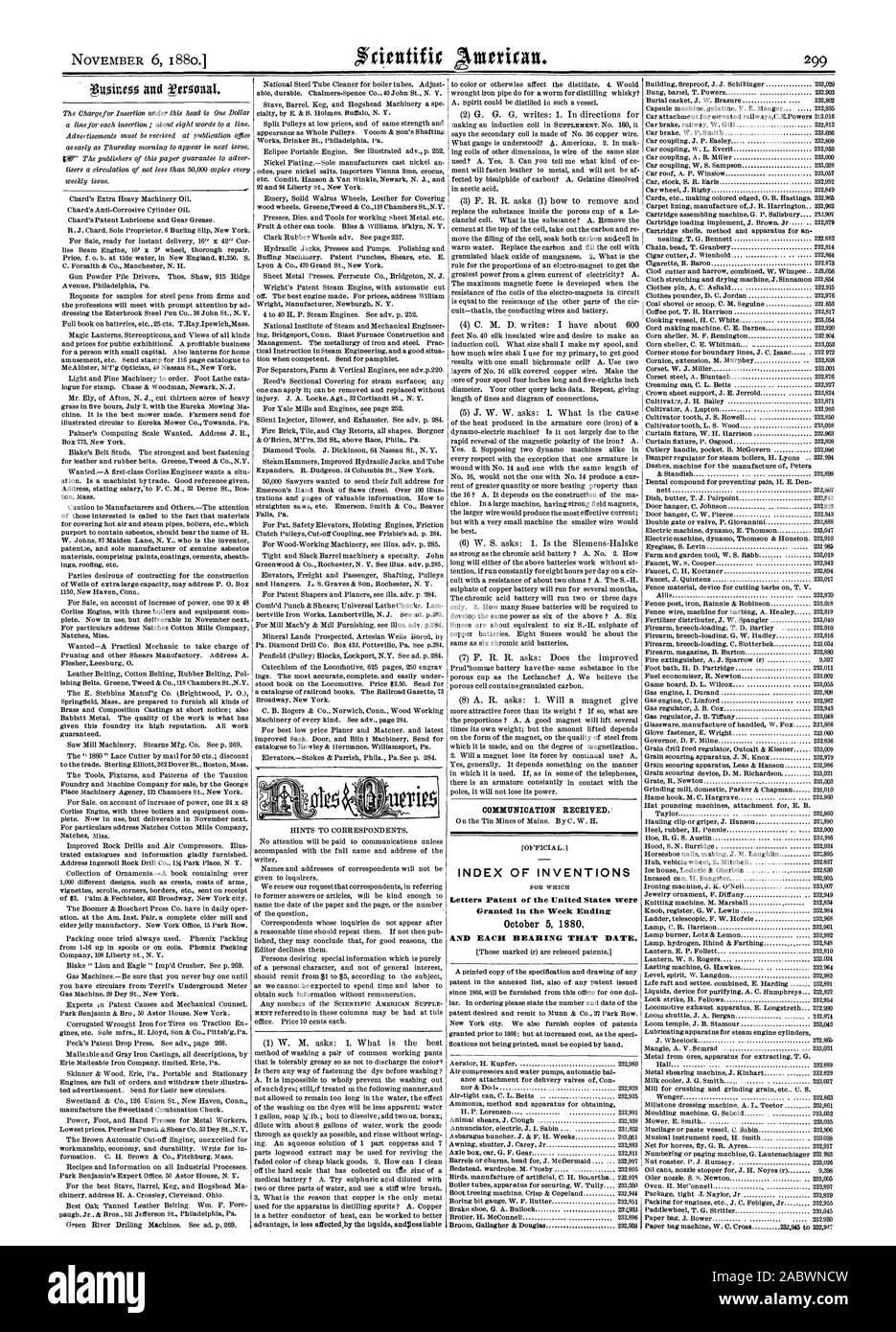 COMMUNICATION REÇUE.' INDEX DES INVENTIONS Lettres patentes de l'United States ont été accordés dans la semaine se terminant le 5 octobre 1880 et chaque roulement CETTE DATE., Scientific American, 1880-11-06 Banque D'Images