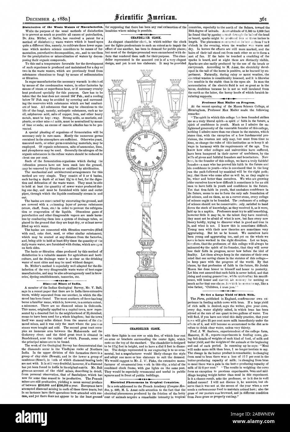 La désinfection des eaux usées des usines. Mines de diamant de l'Inde. Horloge lustre. Horloge lustre. Des phénomènes électriques dans les pays tropicaux. Le professeur Max Muller sur les progrès accomplis. Pour obtenir une production élevée de lait riche., Scientific American, 1880-12-04 Banque D'Images