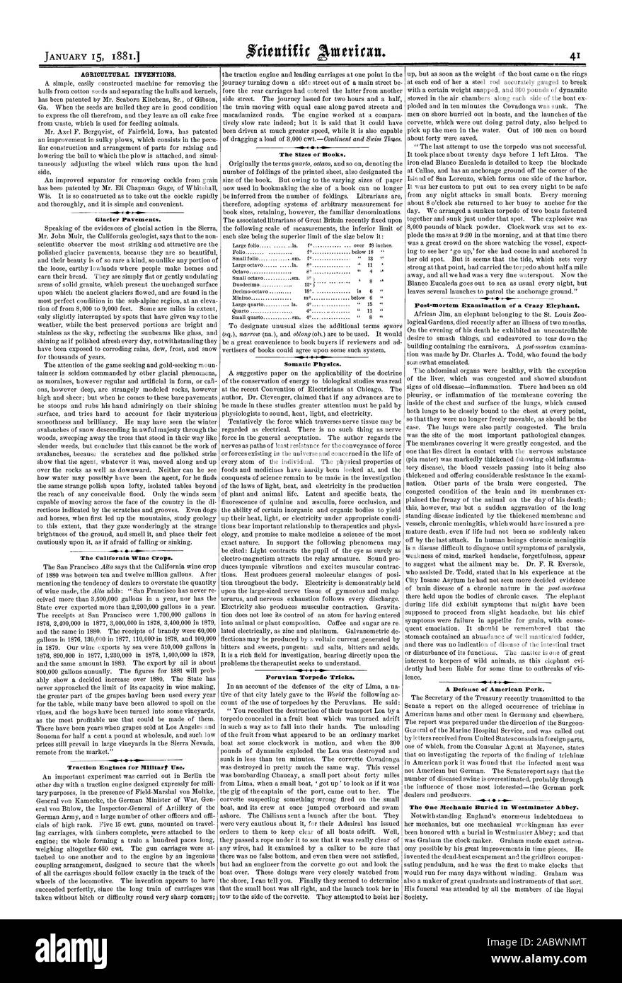 Les inventions agricoles. Glacier de chaussées. La California Wine les cultures. Les moteurs de traction pour Millar l'utilisation. La taille des livres. La physique somatique. Trucs et astuces d'une torpille péruvienne. Autopsie d'un éléphant fou. Une défense de porc américain. L'un seul mécanicien enterré dans l'abbaye de Westminster., Scientific American, 1881-01-15 Banque D'Images